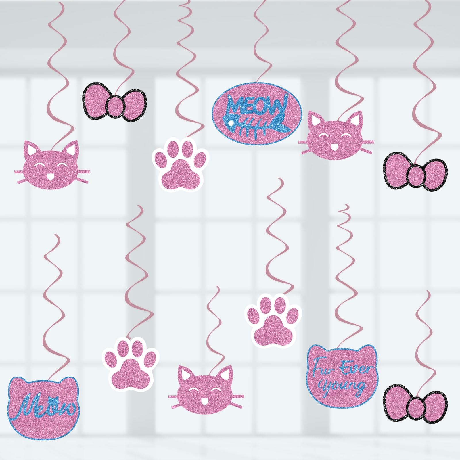 Cat Birthday Theme Party Decorations Kitten Hanging Swirls, Assembled and Ready to Use, Pet Cat Meow Party Decor Supplies 24pcs Puppy Party Streamers Cat Paw Party Decor Banner