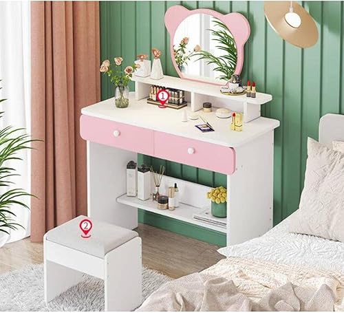 Miniatura 10 de Juego de tocador con espejo, tocador de maquillaje de princesa de madera con taburete, 2 cajones de almacenamiento y estante de exhibición, bonito