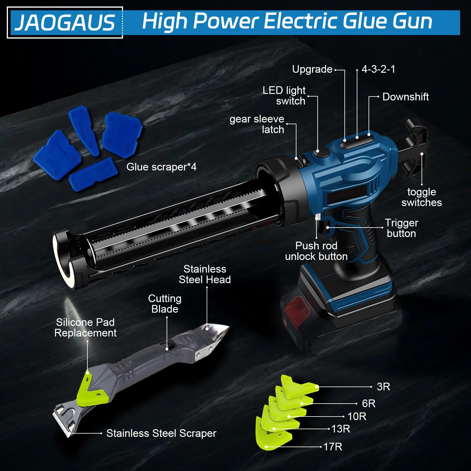 Pistola de Silicona Eléctrica Compatible con Makita 18V, 2500 N de Fuerza | para Cartuchos de 300 ml, 4 Velocidades Ajustables, con Luz LED y Accesorios, para Sellado e Impermeabilización, SIN BATERÍA