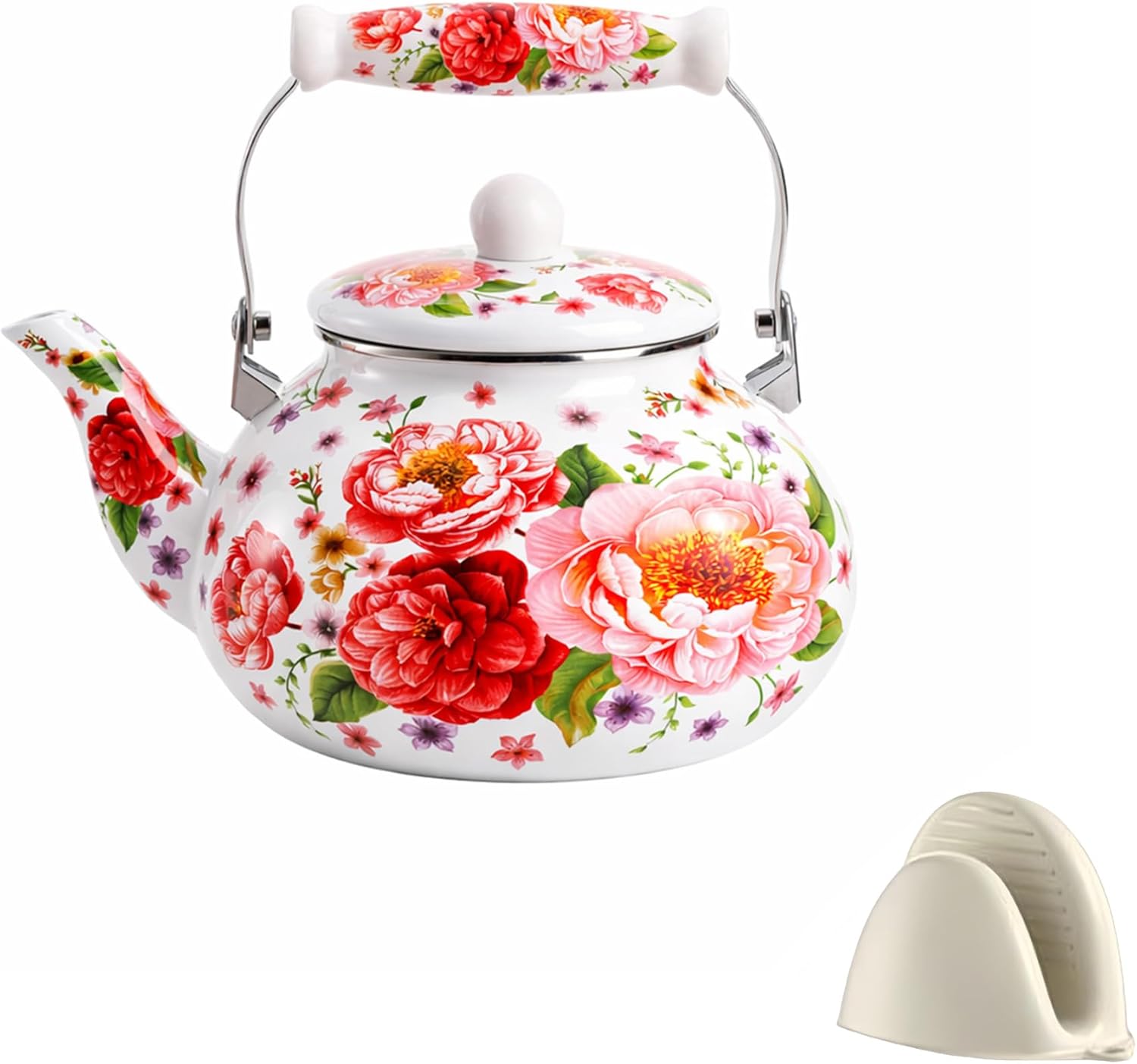 2.6 Quart Floral Enamel Tea Kettle Stovetop - Vintage Enameled Teapot for Stove Top, Cute & Decorative Hot Water Pot with Ceramic Handle, No Whistling, Colorful Farmhouse Kitchen Decor