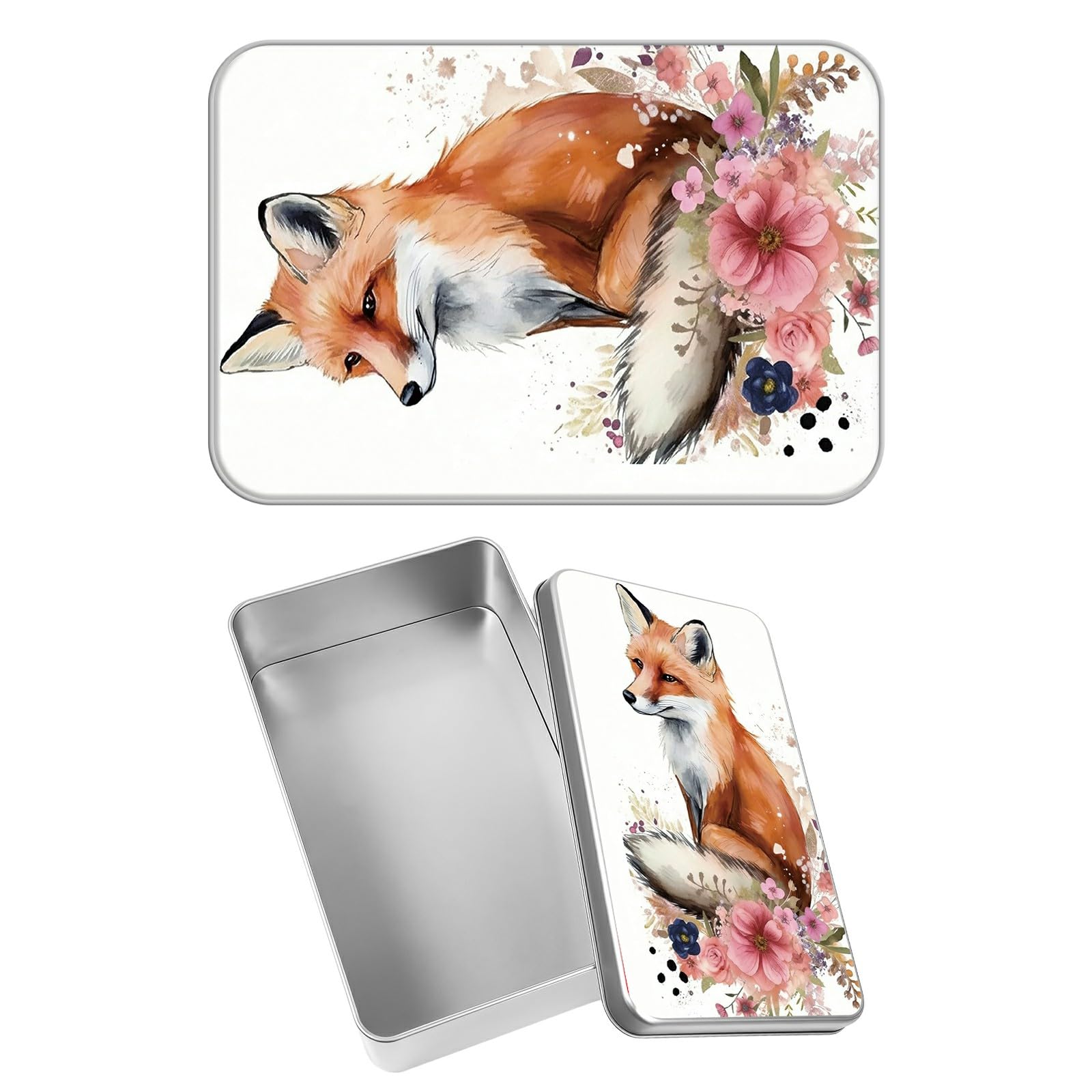 Rectangular Metal Tin Box with Removable Lid, Fox Florals Decorative Printed Metal Storage Container for Sweets Jewelry Tea Candies Cakes 7 x 4.33 x 2.17 inch– Single Pack