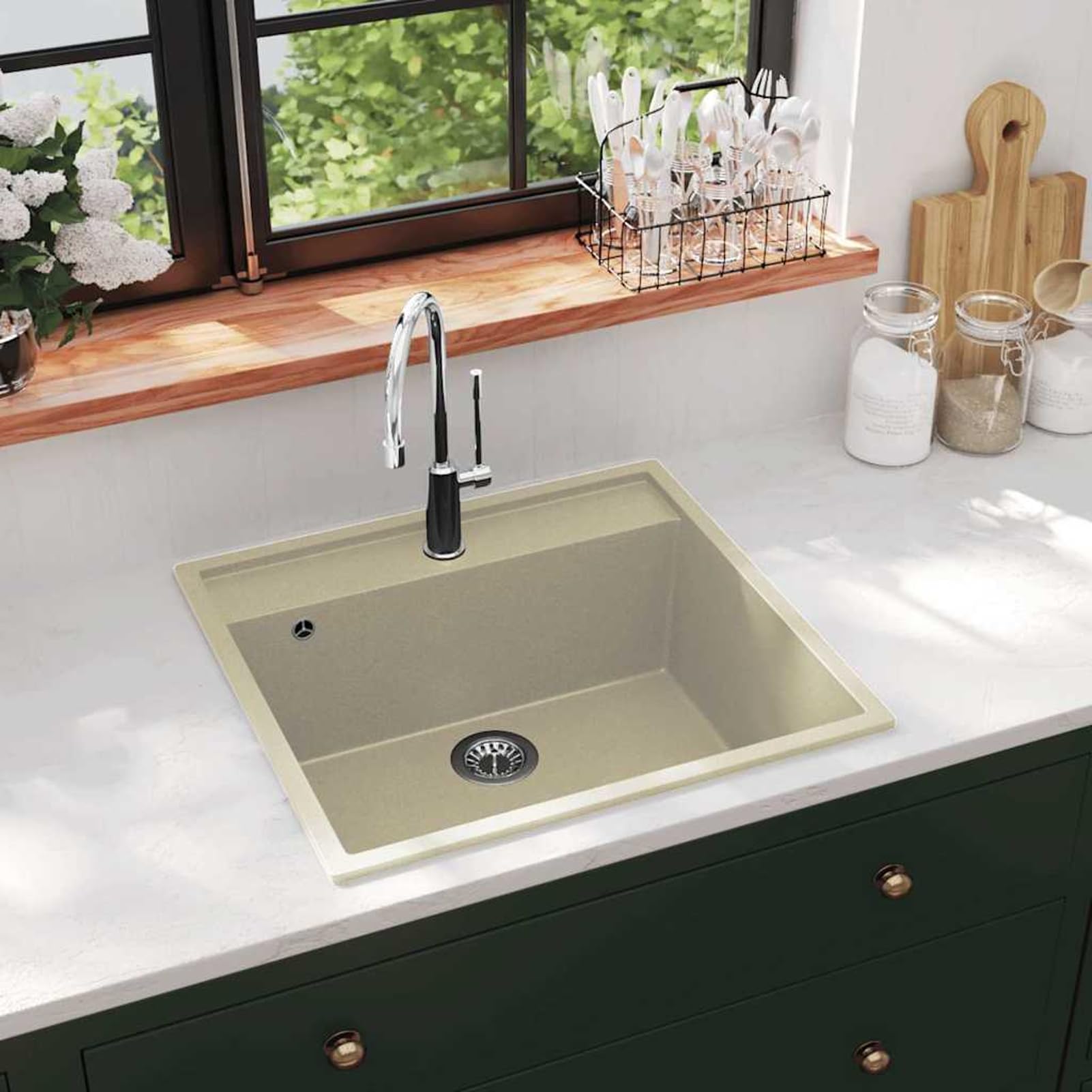 Granit Spüle Beige mit Überlauf 53x50cm Einbauspüle | 80% Quarz, hitzebeständig bis 280°C, kratzfest, für 50cm Unterschrank, inkl. Siebkörbchen, Aufsatz- oder Unterbaumontage