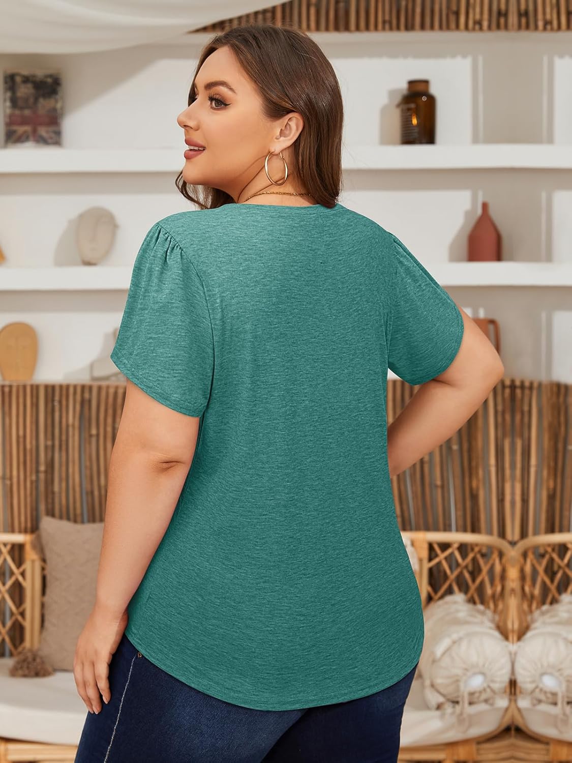 Amrto Womens Plus Size Tops V Neck Petal Short Sleeve Tunic Blouses Summer Loose Casual Shirts XL-5XL - Image 4