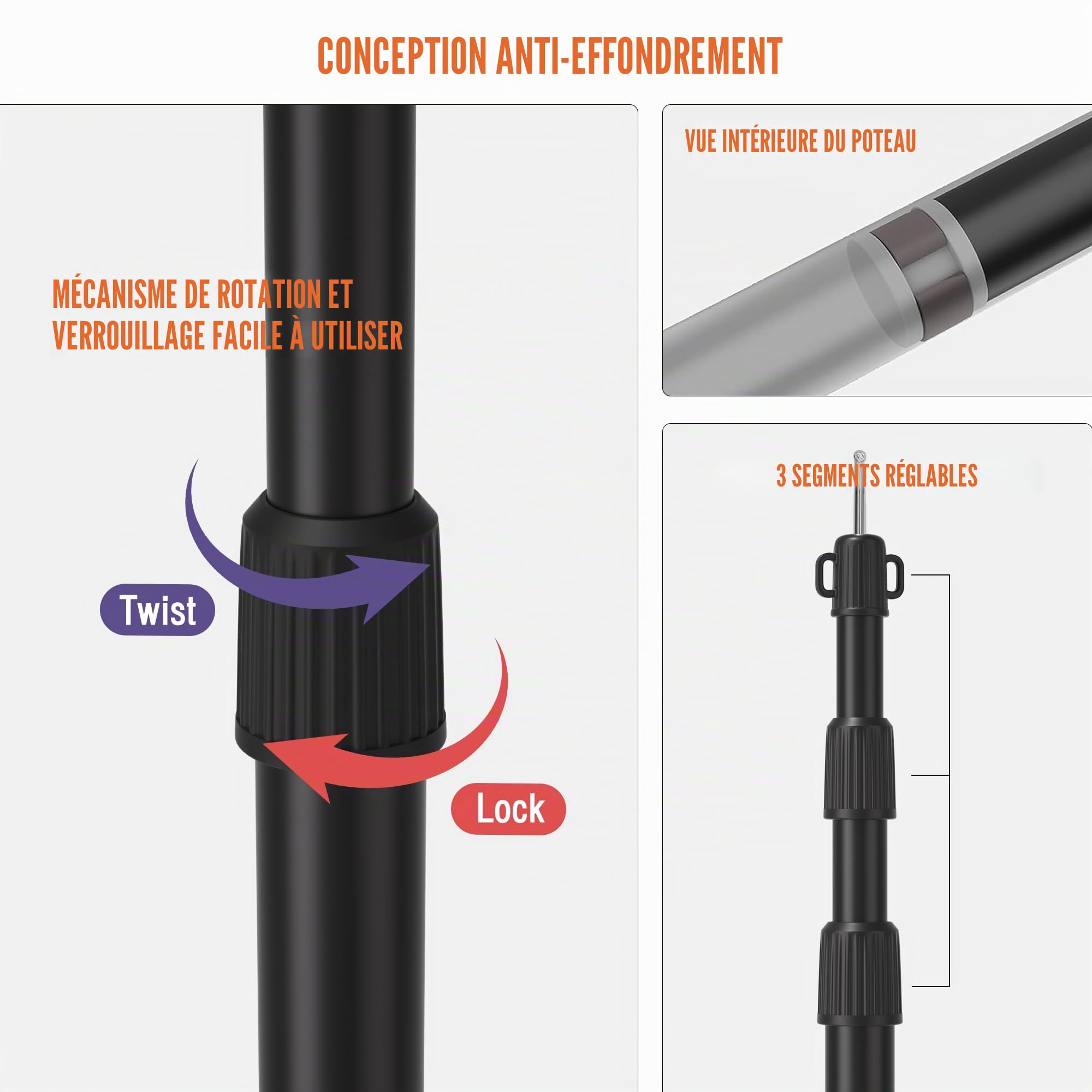 Mât de Tente et Mât pour Auvent Télescopique, Lot de 2 Piquets de Tarp Réglables en Aluminium 6063 (90-230cm) avec Système Twist Lock, Embout Anti-Perforation - Ultra-Léger et Robuste
