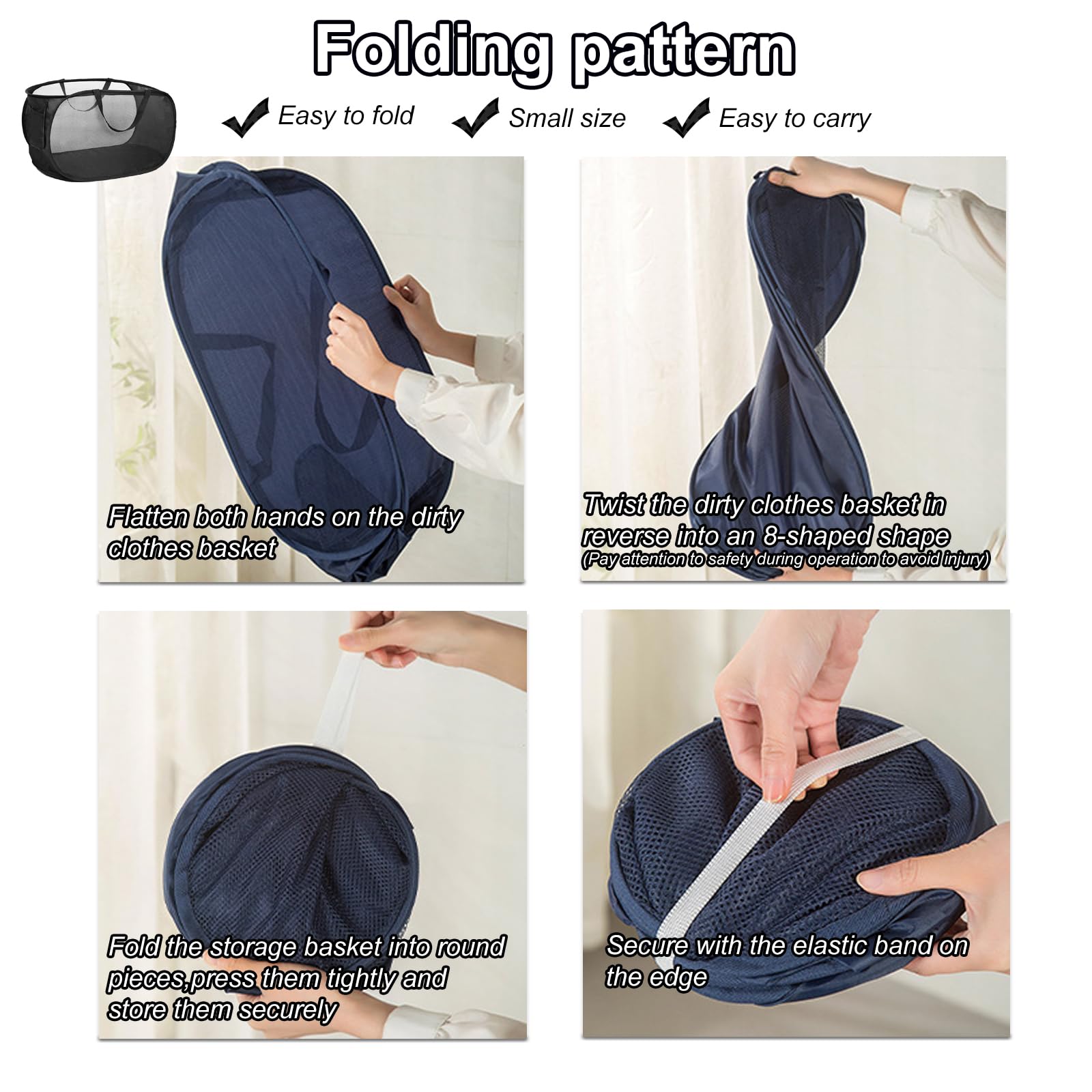 Lot 2 Paniers à Linge Pliable Grand Format - Maille Respirante Avec Poignées - Noir Et Bleu Marine