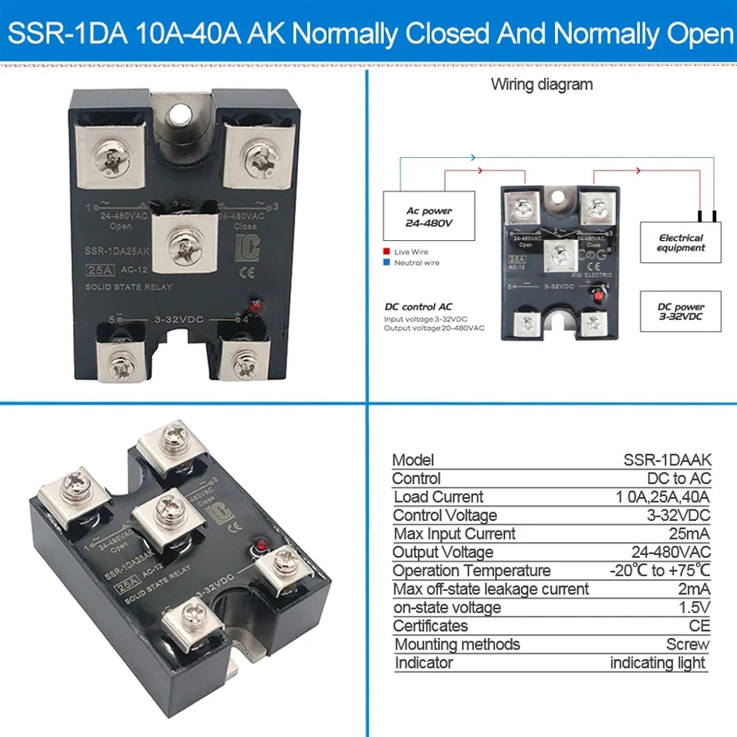 Normally Closed and Open DC-AC SSR NC and NO Single Phase Solid State Relay DA (Size : DC-AC 25A)