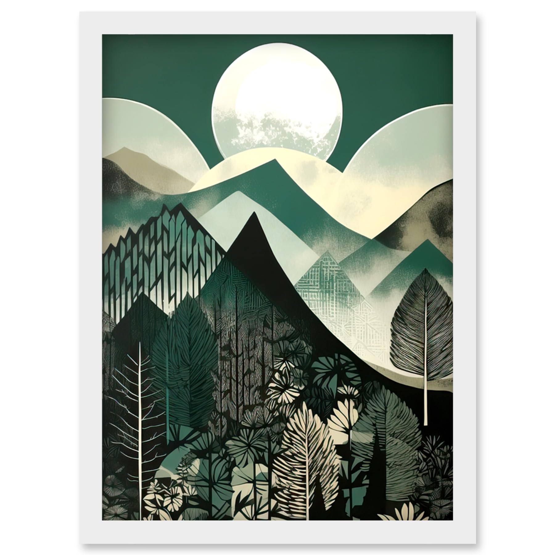 Artery8 Full Moon Over Mountain Forest Linocut Mid Century Sage Green Moonlit Landscape Artwork Framed Wall Art Print A4
