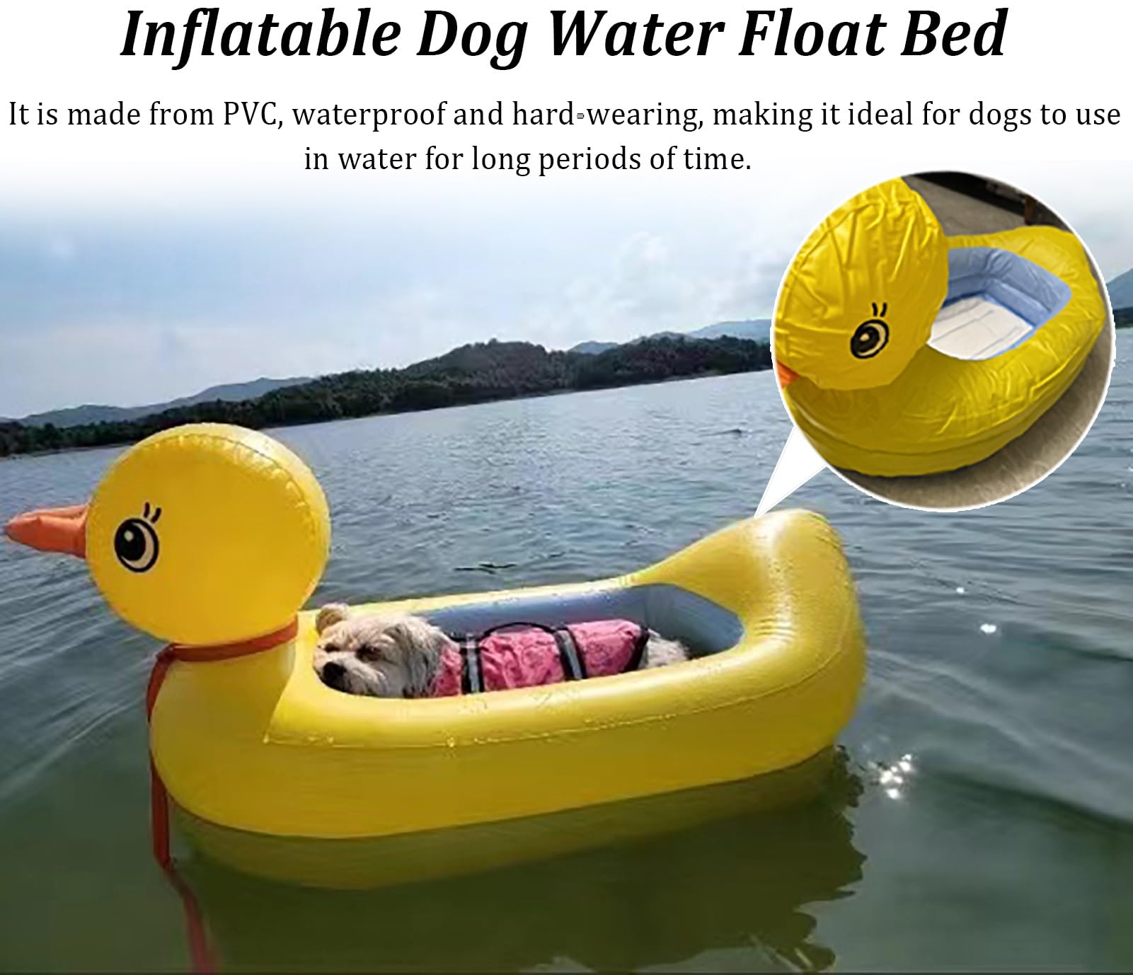 Rampa Piscina para Perros Cama Flotante Amarilla para Perros con Bomba, Exterior Bote Inflable para Perros Pequeños para Piscina Lago o Río, Plataforma Flotante Portátil para Cachorros