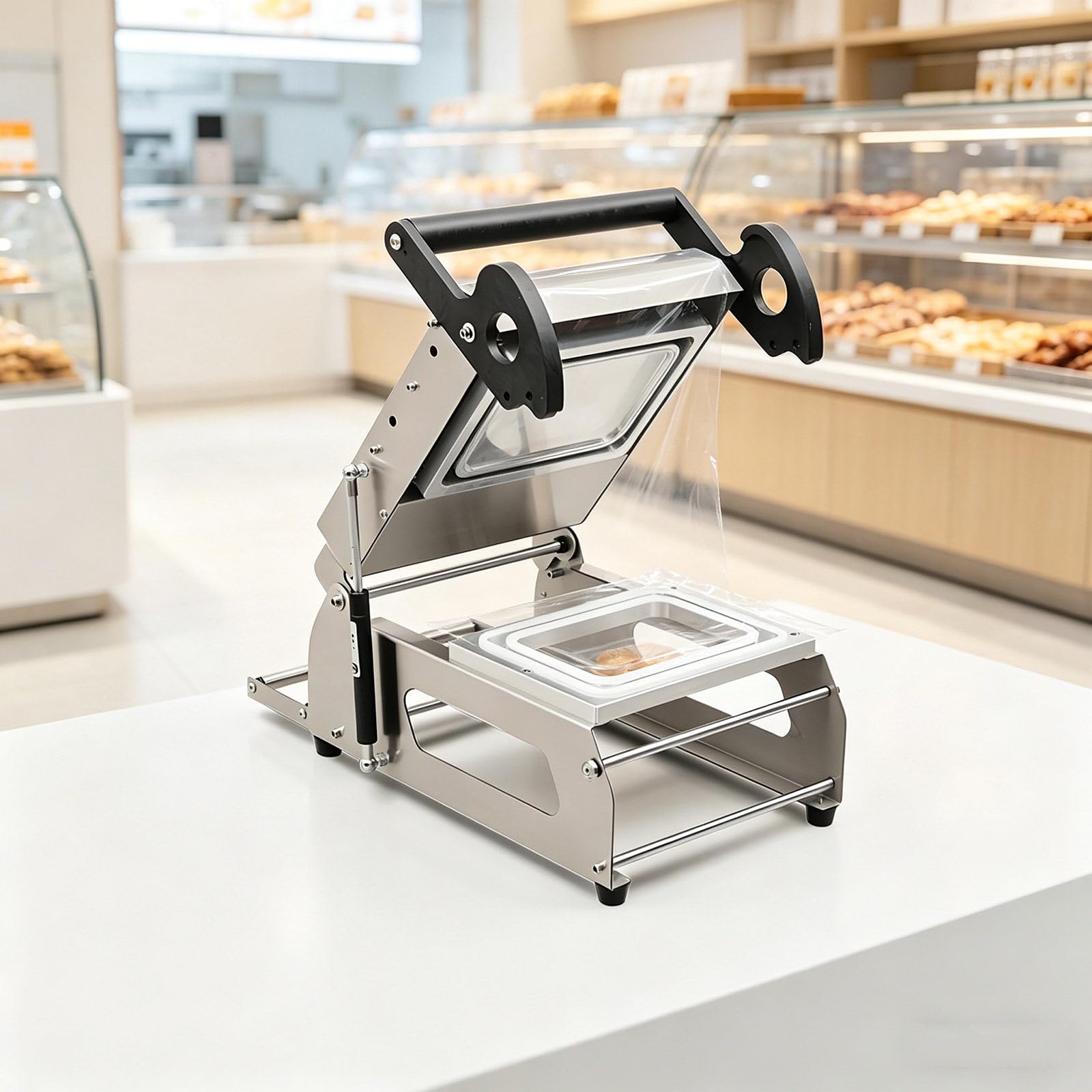 Scelleuse manuelle de barquettes plats à emporter, demballage alimentaire en acier inoxydable avec une largeur de film de 260 mm