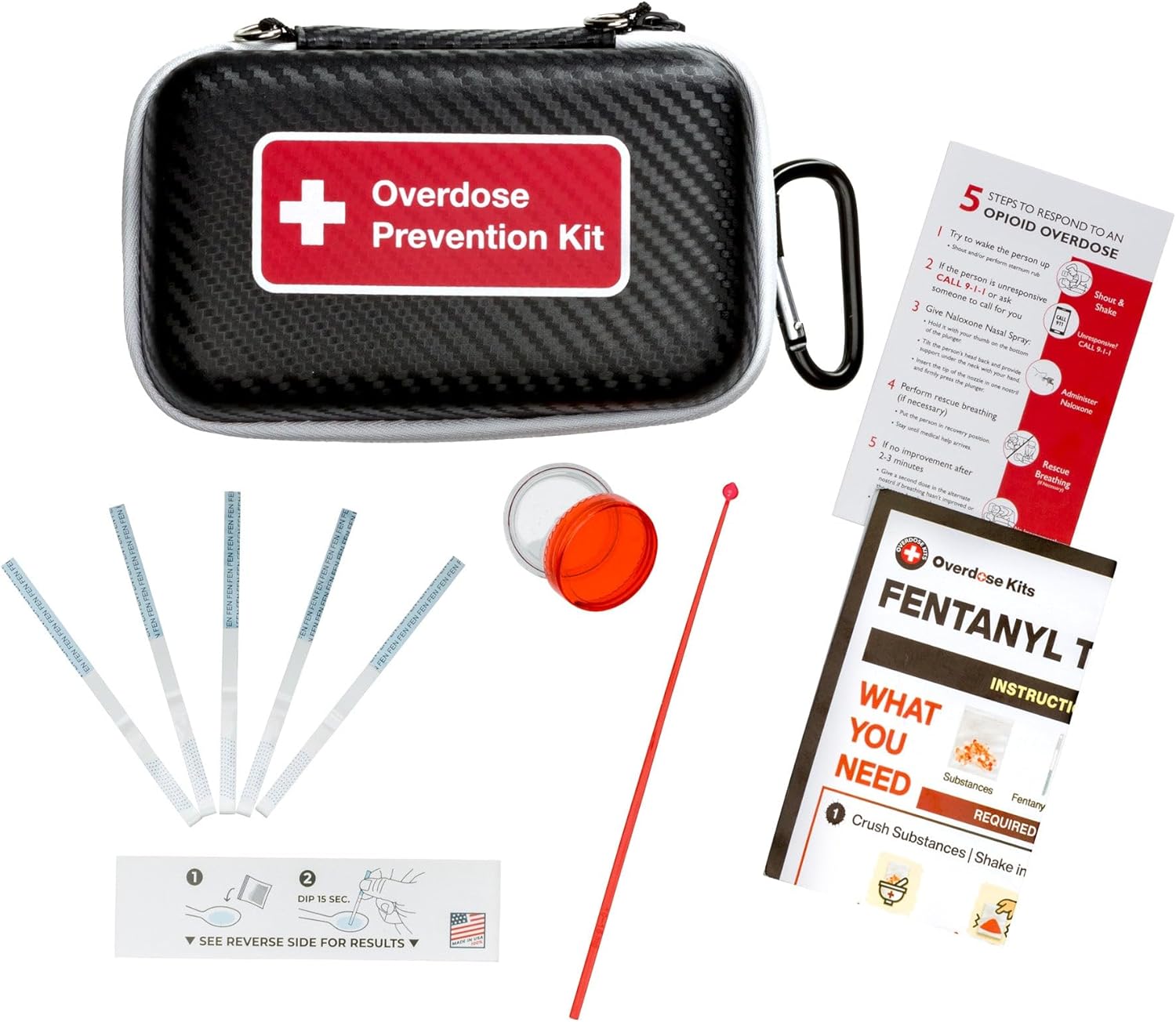 10 Pack Opioid Overdose Prevention Kit | Includes 5 USA-Made Fentanyl Test Strips for Drugs, Powders & Pills + Compact Hardshell Case + Mixing Container + 10mg Spoon and Instructions (10)