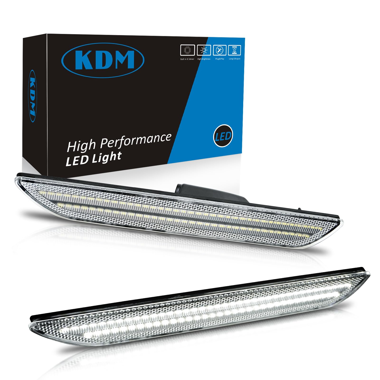 KDM LED Fender Side Marker Reflectors Lights Dual Rows, Compatible for 2015-2022 Ford Mustang Assembly Rear Side Bumper Marker Lamp,Clear Lens Bright White Pack of 2