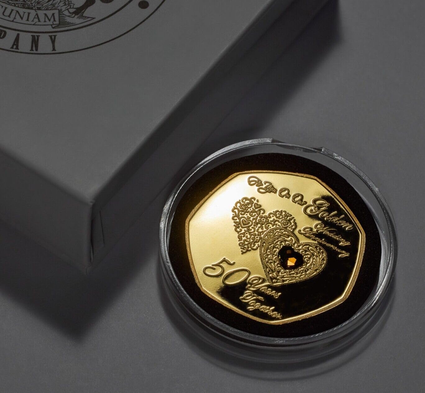 The Commemorative Coin Company ON OUR 50th GOLDEN WEDDING ANNIVERSARY Commemorative in Gift Box. Golden Diamante Gemstone. Gift/Present/Husband/Wife. Fifty 50 Years Together