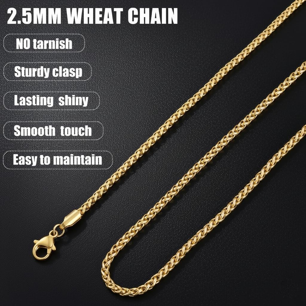 Fiusem 14K Gold Plated Wheat Chain Necklace for Men, 2/2.5/3/4/5mm Stainless Steel Necklace Chains for Men and Women 16-28 Inch - Image 4