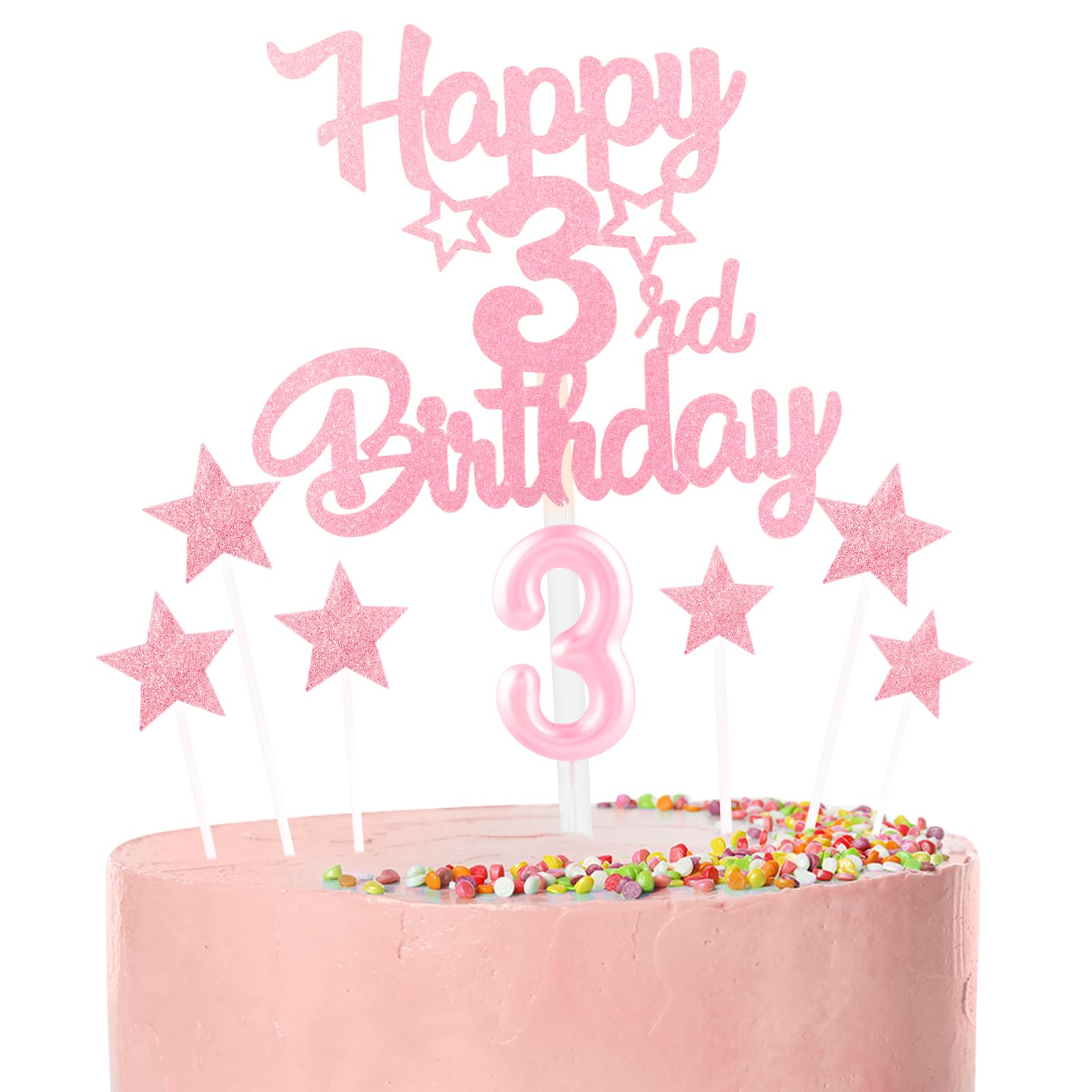 Pink Happy 3rd Birthday Candles Cake Topper Set,Glitter Number 3 Birthday Candles with Pink 3rd Birthday Cake Toppers Star Cupcake Toppers for Girls Anniversary Decorations โ image 1