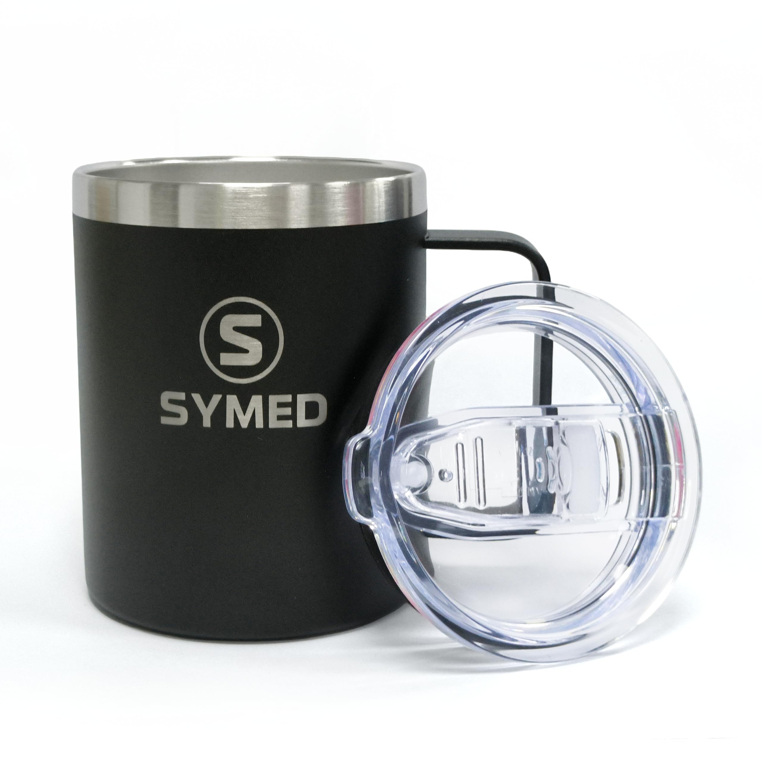 SYMED 12oz (355ml) Insulated Coffee Mug with Handle – Stainless Steel Travel Cup, Leak-Resistant Lid, Dishwasher-Safe (Black)