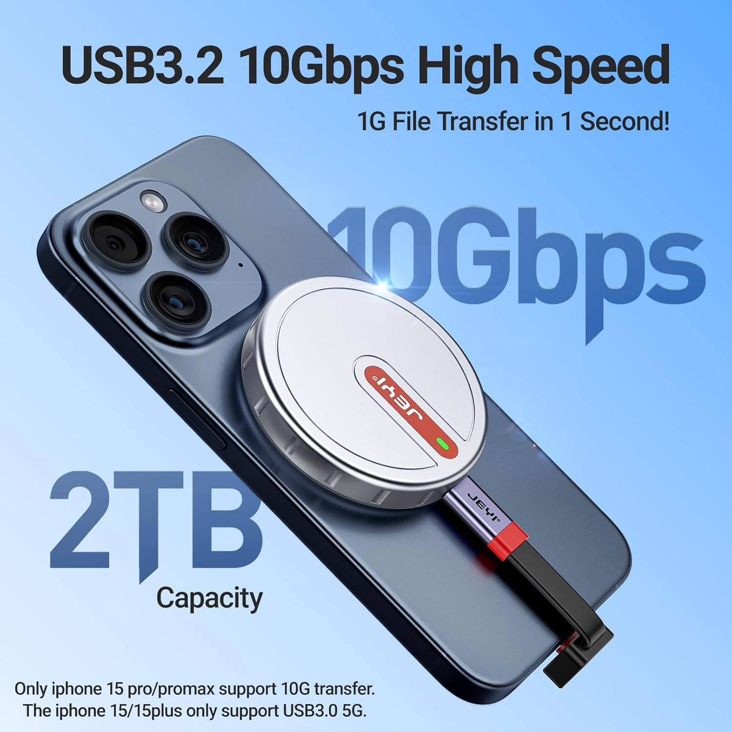 JEYI SSD Enclosure showing 10Gbps speed and 2TB capacity