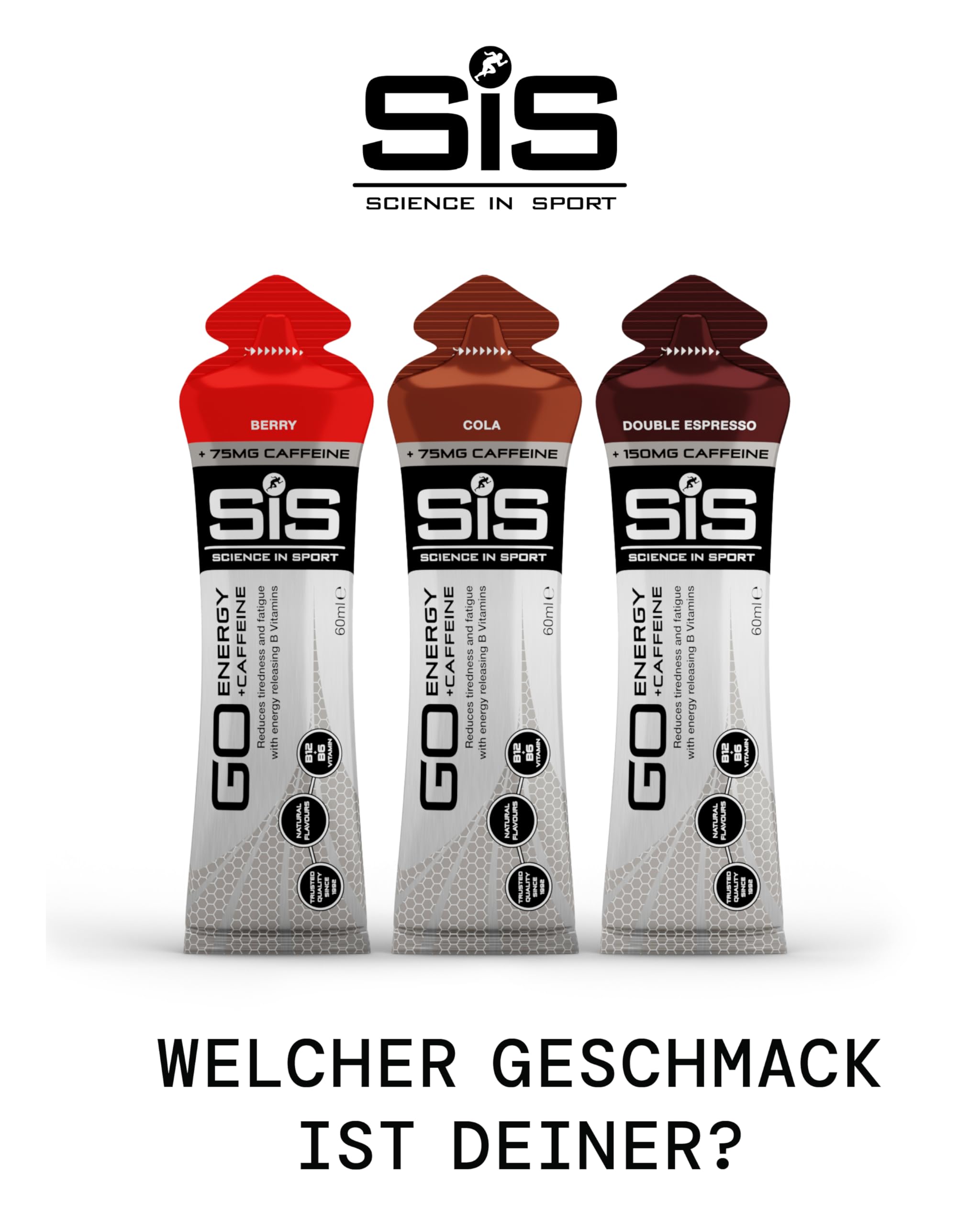 Science in Sport GO Energy Gel + Koffein Gel 30 x 60ml Cola, Vegan - Gel mit 150mg Koffein & 22g Kohlenhydrate, Energie für Ausdauersportler