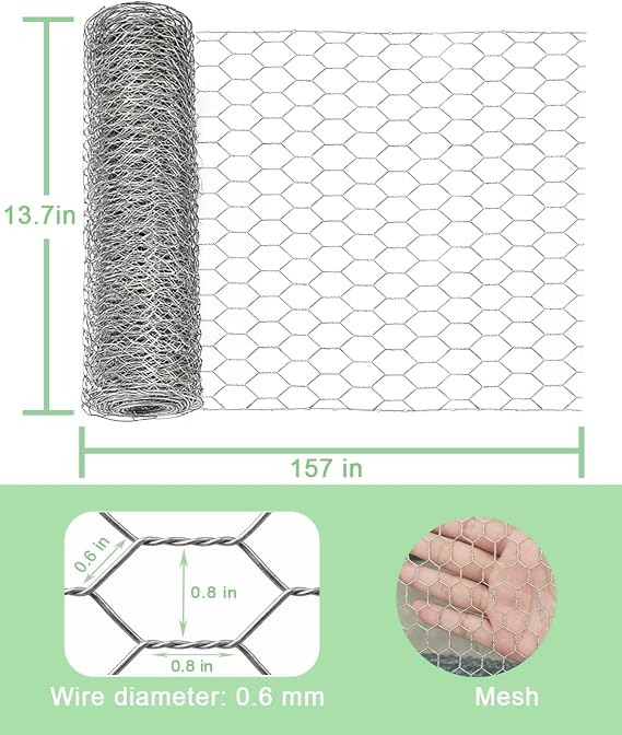 Galvanized Chicken Wire Roll 13.7 x 157 - 0.8 Hexagonal Chicken Wire Mesh for Garden Fence, Rabbit Fence, Chicken Coop, Floral Arrangements & DIY Crafts