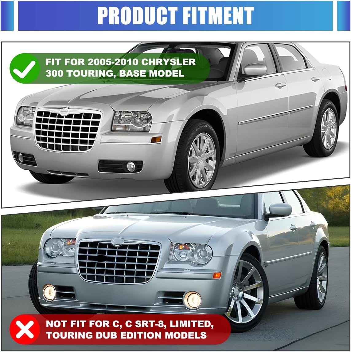 Winjet Driving Fog Light Bezel/Cover Replacement For 2005-2010 [2005 2006 2007 2008 2009 2010] Chrysler 300 Touring, Base Model Fog Light Bezels Set Factory OEM Style Fog Lamps Covers Bezel 1Pair