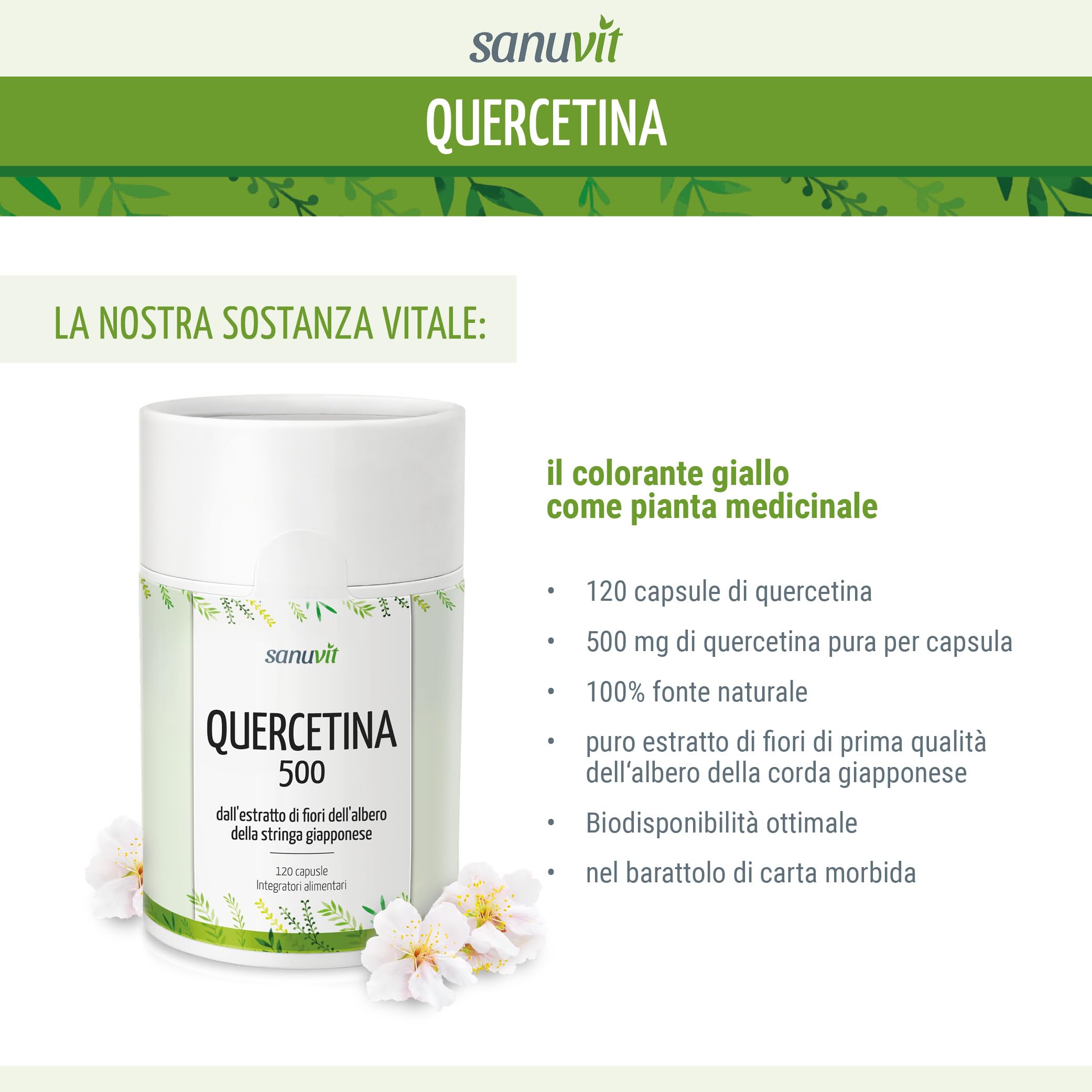 Sanuvit® - Quercetina 500 mg capsule | 120 capsule | Dose alta | Elevata biodisponibilità e tolleranza | Vegano