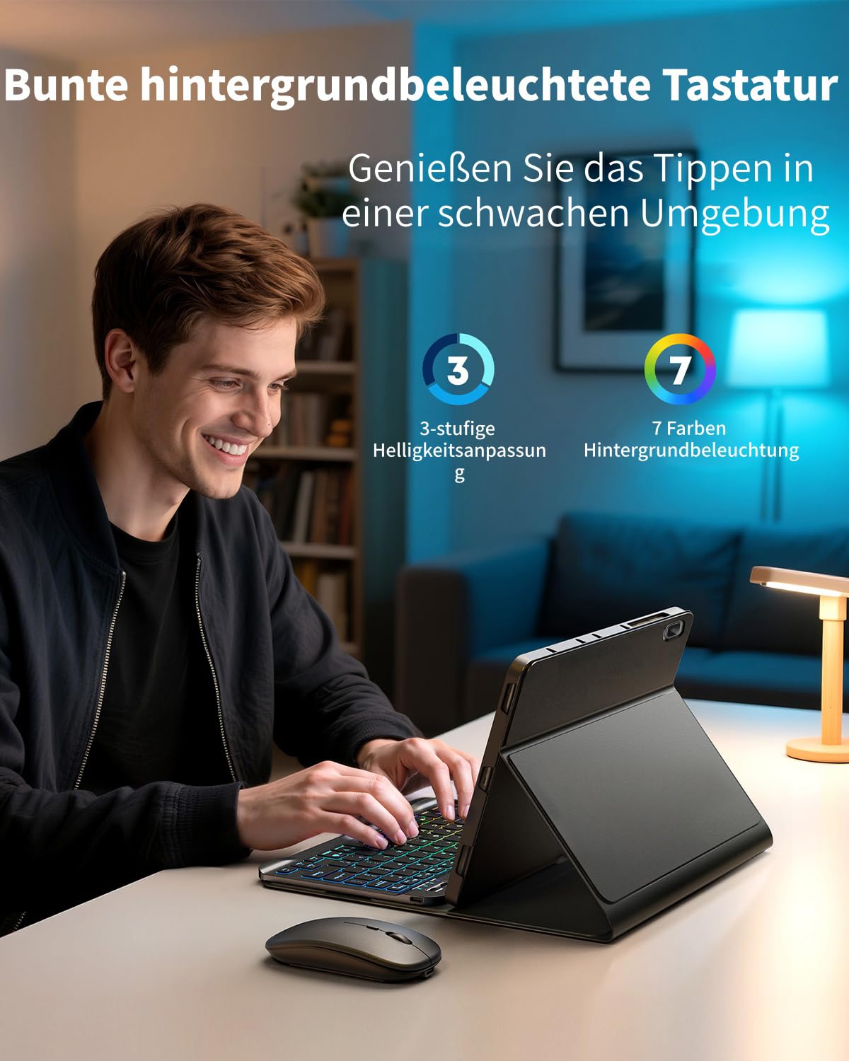 für Samsung Galaxy Tab A7 (2022/2020) 10.4 Zoll Hülle mit Kabelloses Bluetooth Beleuchtete Farbige Deutsch Tastatur (QWERTZ) und Maus, Backlit Keyboard Case