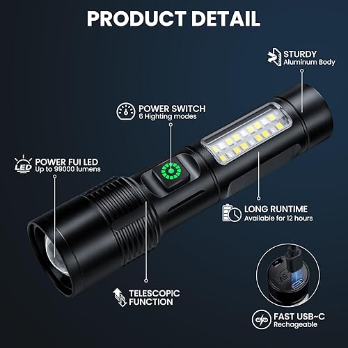 Miniatura 8 de NiaoChao Linternas LED recargables de alto lúmenes, 99000 lúmenes, linterna súper brillante con 6 modos, resistente al agua, potente luz de destello