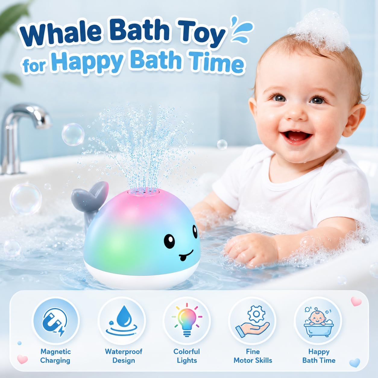Gigilli Baby Bath Toys, Magnetic Rechargeable Bath Toys for Kids, Toddler Bathtub Pool Water Table Toys Sprinkler, Infant Boy Girl Gifts, Light Up Whale Bath Toy for Babies
