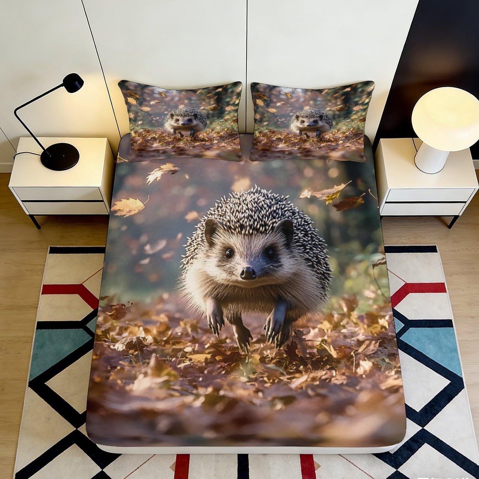 3D Printed Hedgehog Autumn Leaves Fitted Sheet Microfiber Non-Slip Bed Cover Machine Washable for Bedroom Dorm Home 140x200x25cm