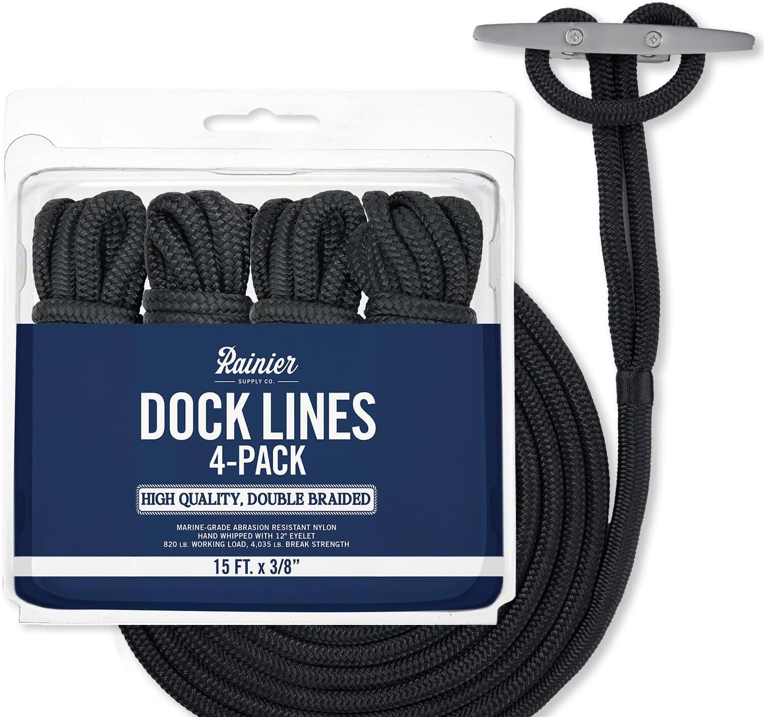 RainierSupplyCo Dock Lines 4-Pack - Boat Rope for Docking with Loop - 15 ft x 3/8 Inch Premium Double Braided Nylon Marine Rope - Mooring Line with 12" Eyelet - Boat Accessories - Black