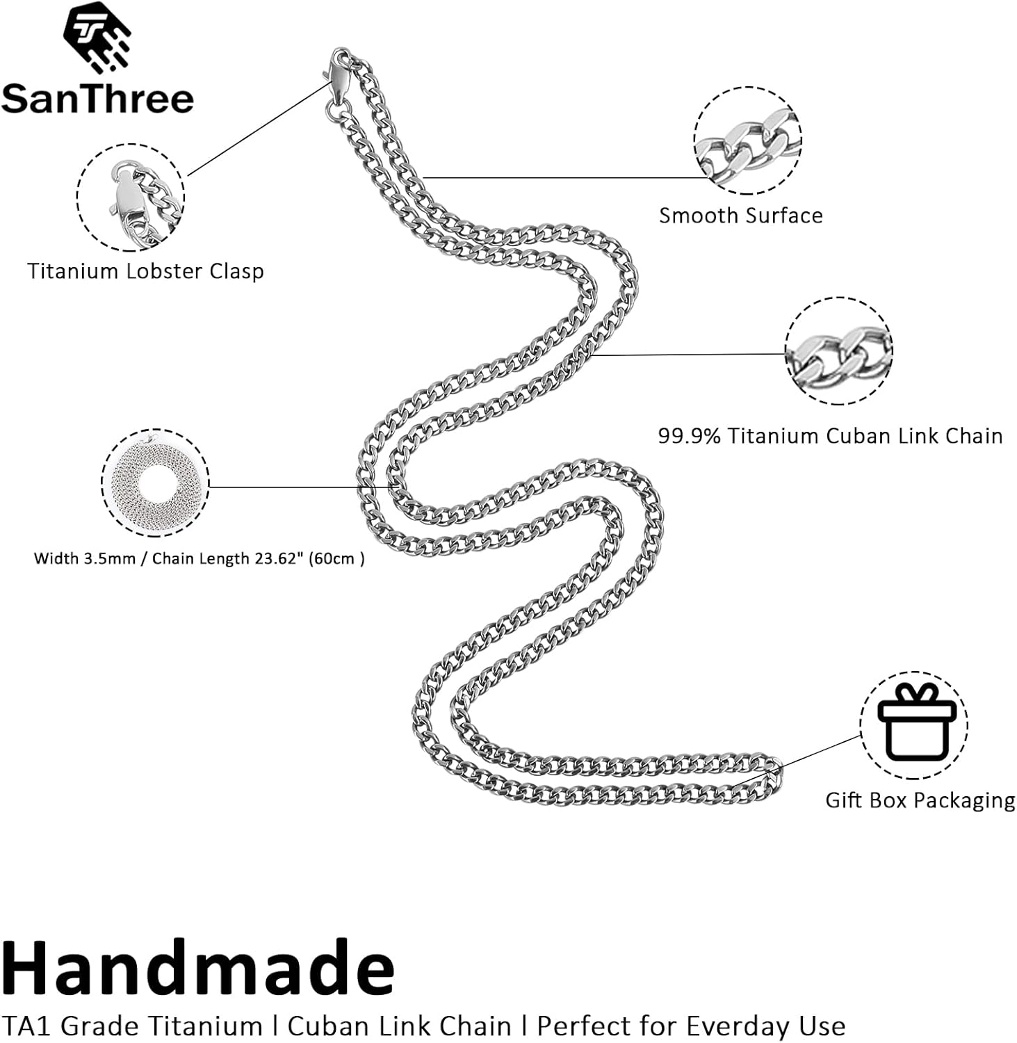 SanThree Solid Pure Titanium Cuban Link Chain 3.5mm Finely Polished Skin Friendly Shinny Curb Chain Necklace for Women Men Sensitive Skin Valentines Birthday Gifts - Image 5