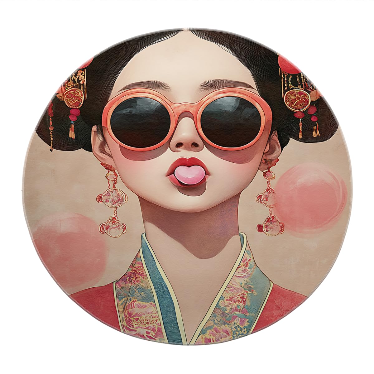 Tapis lavable portrait chinois bubble gum, la carpette ronde à poil ras idéale