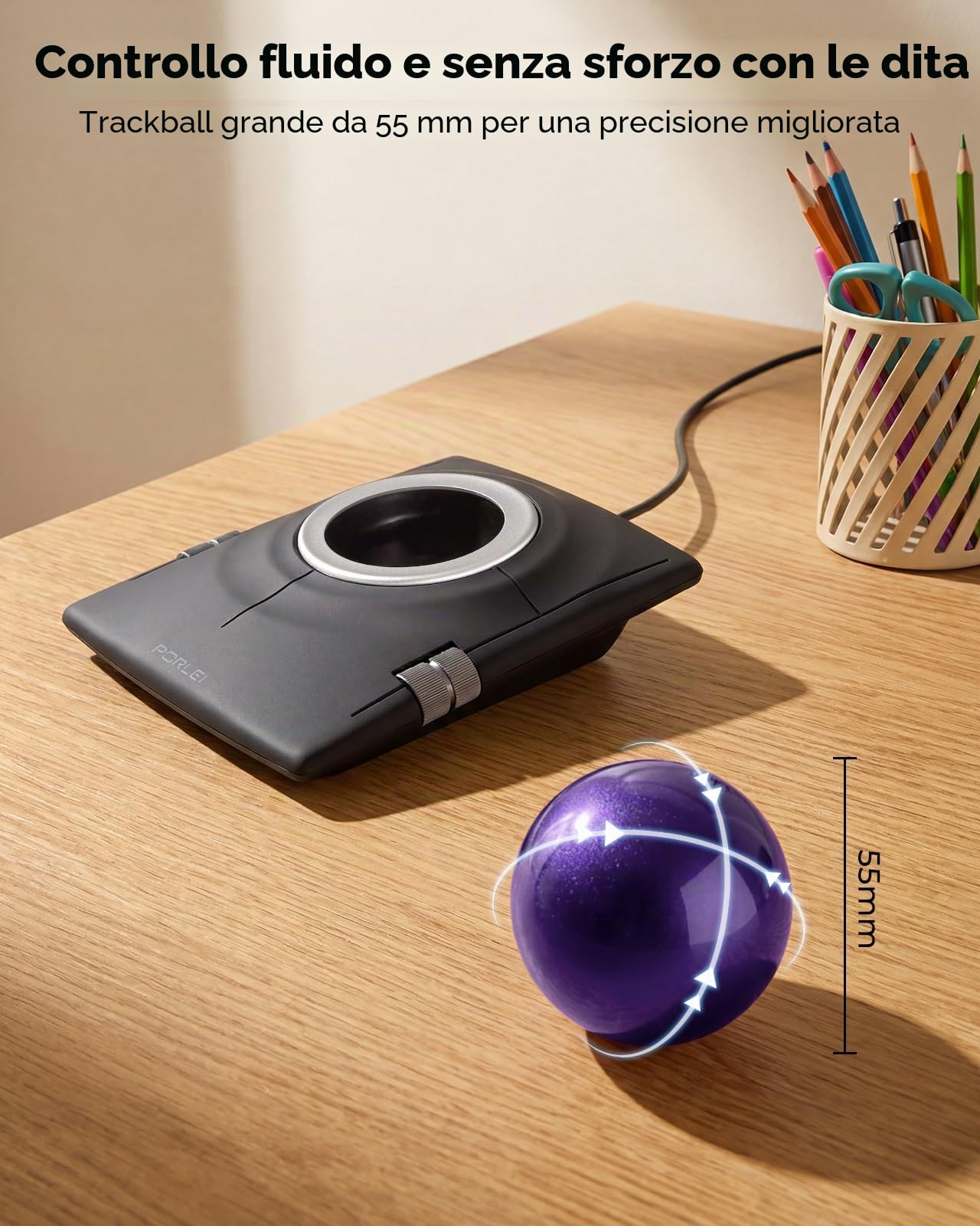 Mouse trackball cablato, trackball ergonomico con controllo delle dita con sfera grande da 55 mm, DPI regolabile a 4 livelli, design ambidestro, poggiapolsi incluso, compatibile per PC, laptop