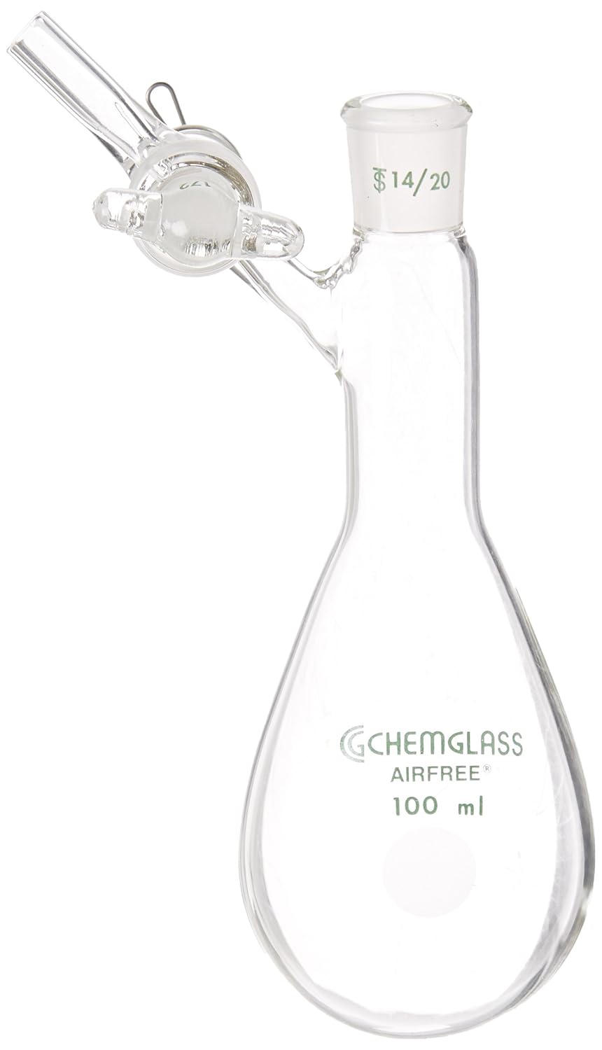Chemglass AF-0520-04 Airfree Single Neck Reaction Flask with 2mm Glass Stopcock, Kjeldahl Shape, 14/20 Standard Taper Outer Joint, 100ml Capacity