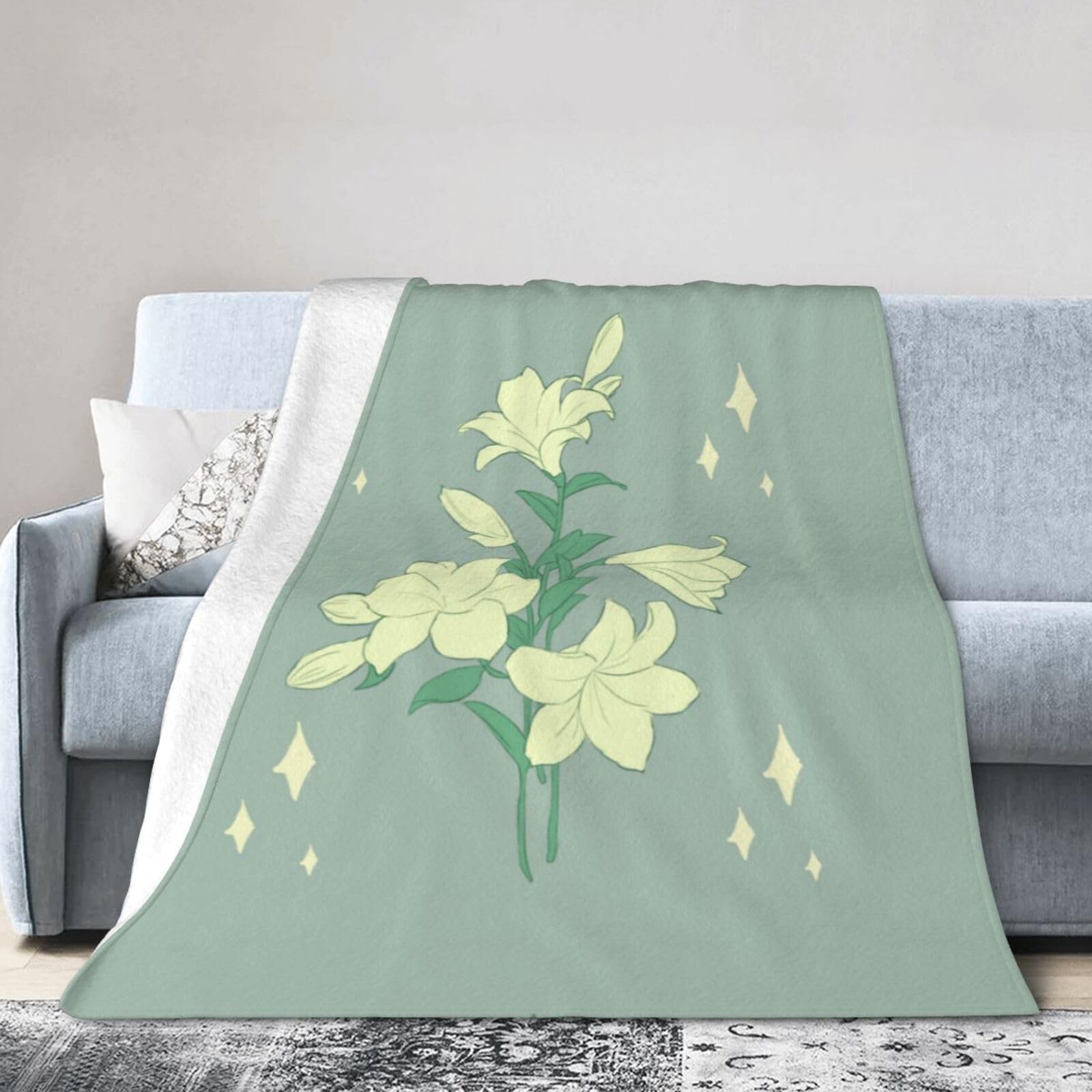 Couverture en micro polaire légère et chaude motif lys blancs