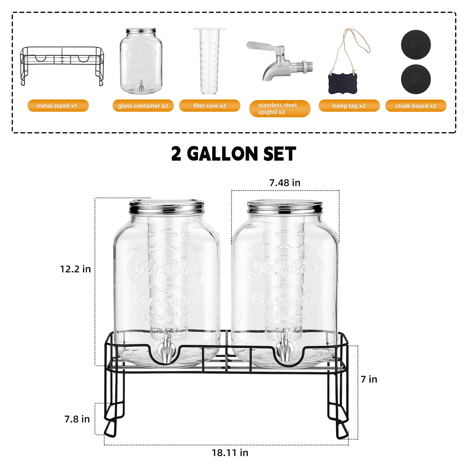 Lot de 2 distributeurs de boissons de 2 gallons pour fêtes, avec support, distributeur de carafe d'eau en verre
