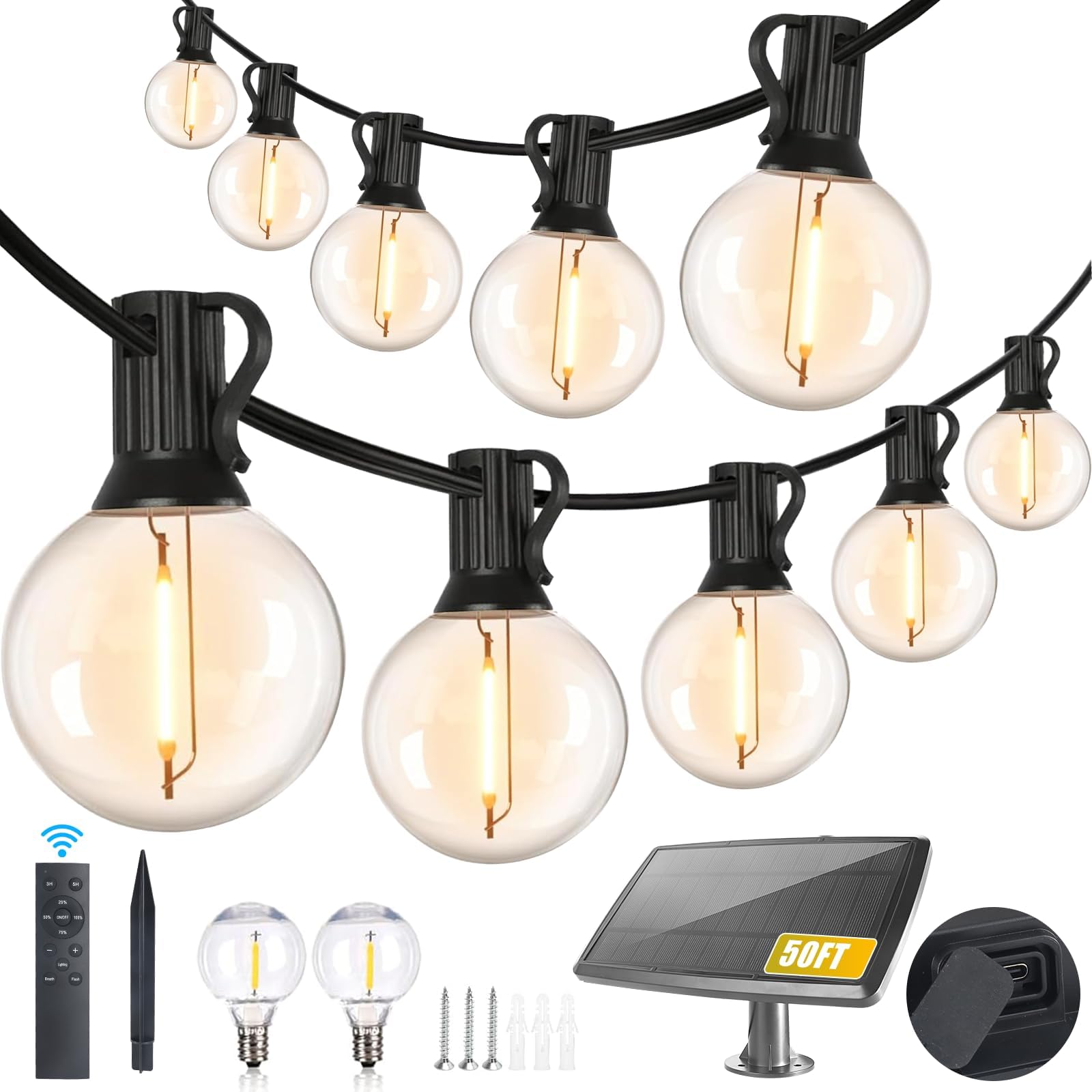 50FT Solar String Lights Outdoor Waterproof with Remote, G40 Solar Powered String Lights with 15+1 LED Shatterproof Bulbs, Dimmable Solar Patio Hanging Lights for Outside Backyard Party