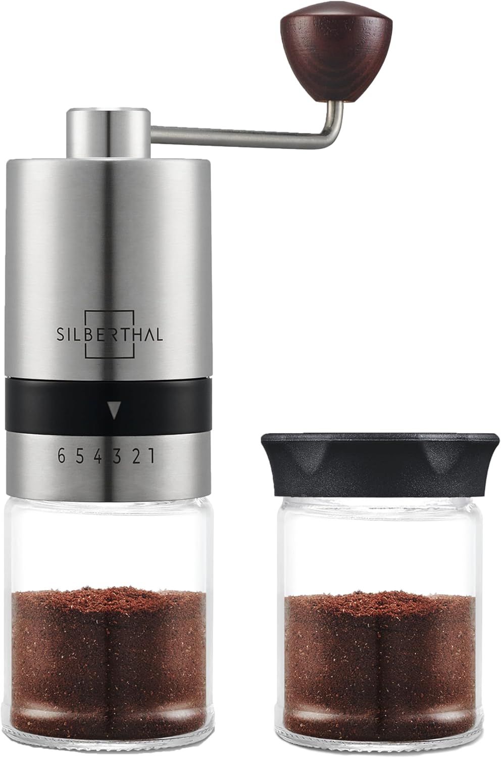 SILBERTHAL Moulin A Café Manuel - Acier INOX - 6 Niveaux Réglables - Broyeur Portable Grains De Café - avec Récipient De Stockage Et Brosse de Nettoyage