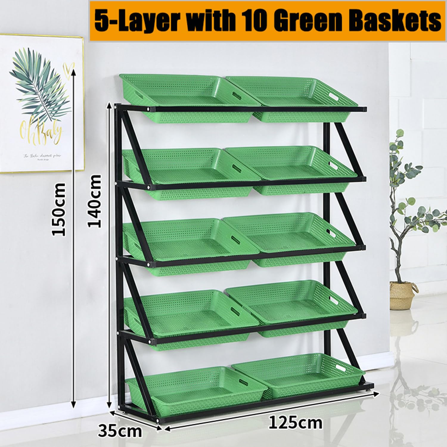 Support De Panier De Fruits Et Légumes à 4/5 Niveaux, étagère De Rangement De Panier De Magasin De Détail, Support De Fruits De Supermarché Commercial, Présentoir De Collations Green-5Tier