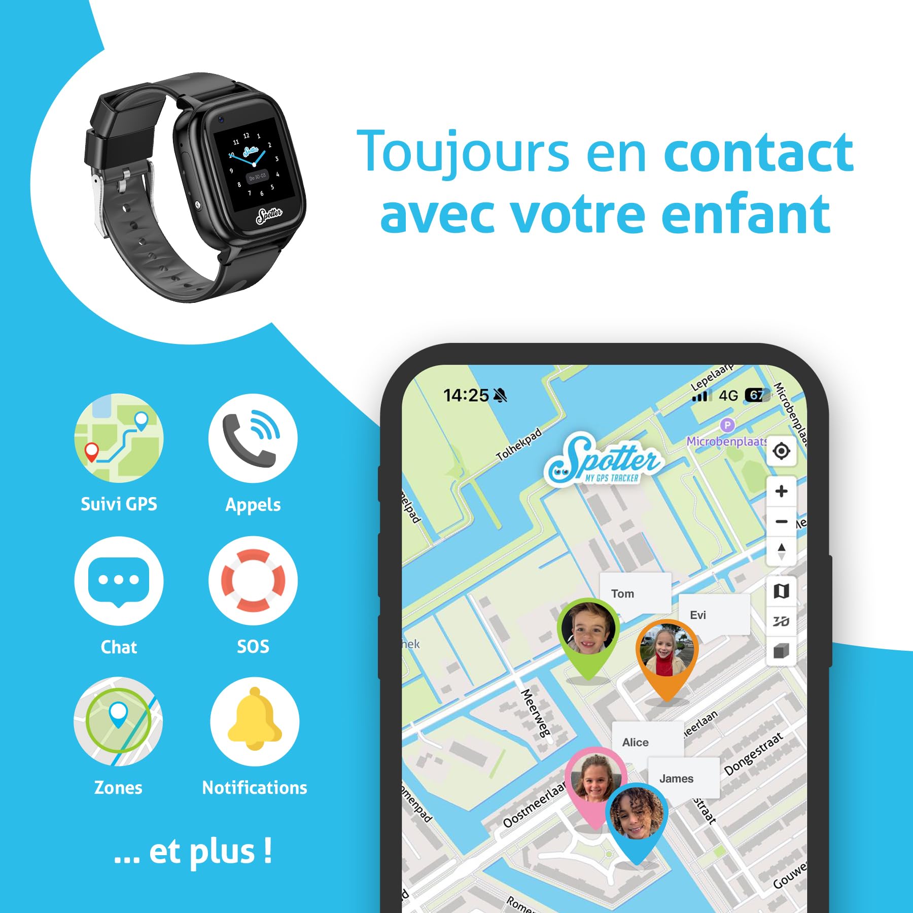 Spotter GPS Watch Explorer - Smartwatch étanche avec Suivi GPS, Alarme SOS, Appel, caméra, Chat, Compteur de Pas - Périodes d'utilisation à coût Fixe, sûre pour Les Enfants, Noir