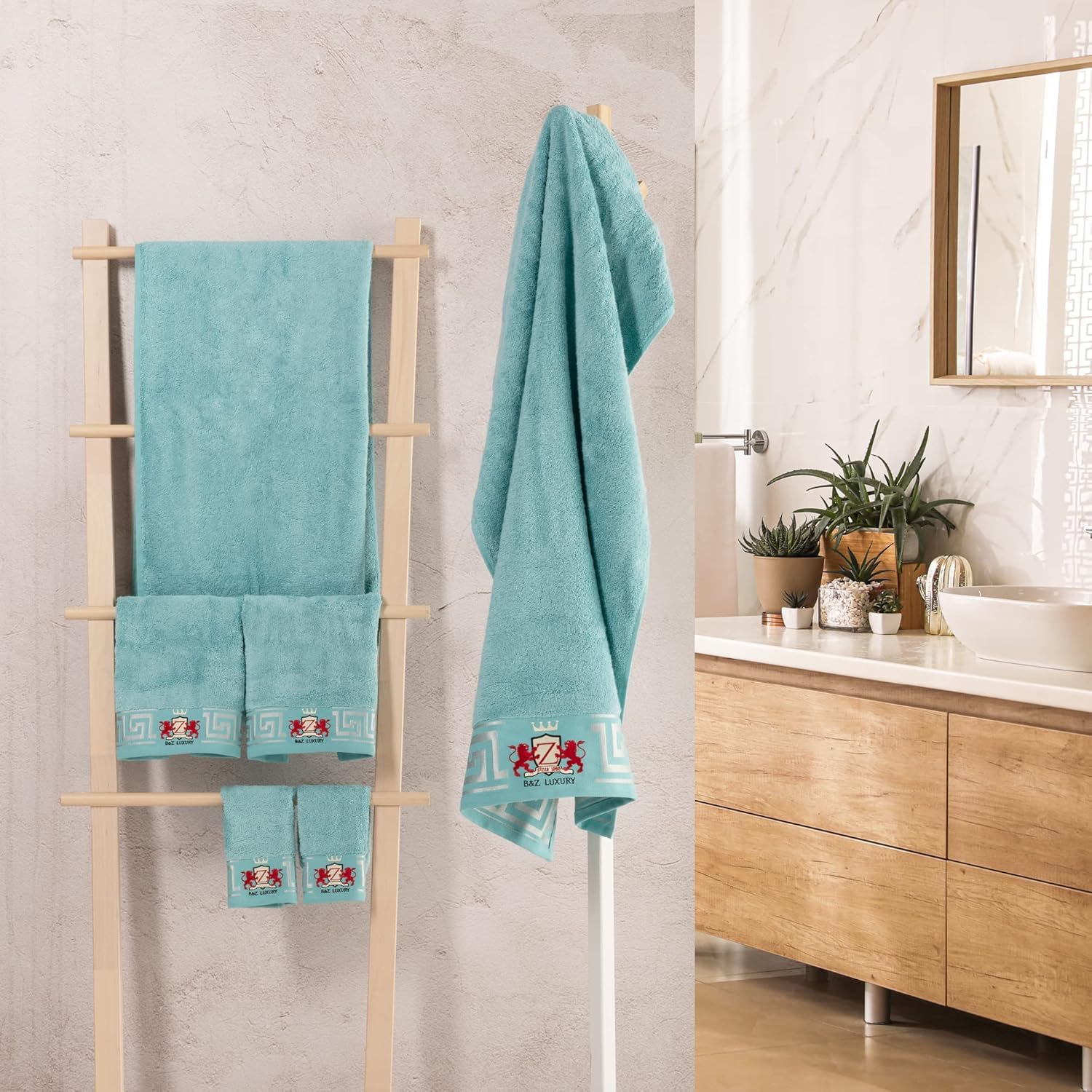 B&Z Luxury Set Asciugamani da bagno Turchese 500gr pregiato BAMBOO e Cotone, 2 teli doccia 4 asciugamani viso 2 panni bidet, SUPER assorbenti SOFFICI - telo mani ospiti palestra certificati oekotex