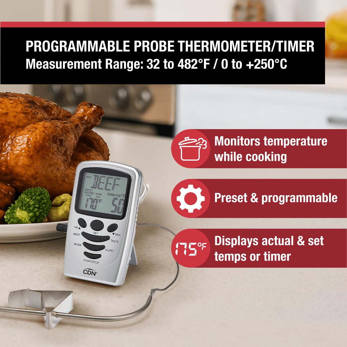 CDN Juego de 3 termómetros de chef de regalo, incluye temporizador de sonda digital, termómetro de carne, termómetro de superficie de parrilla/horno.