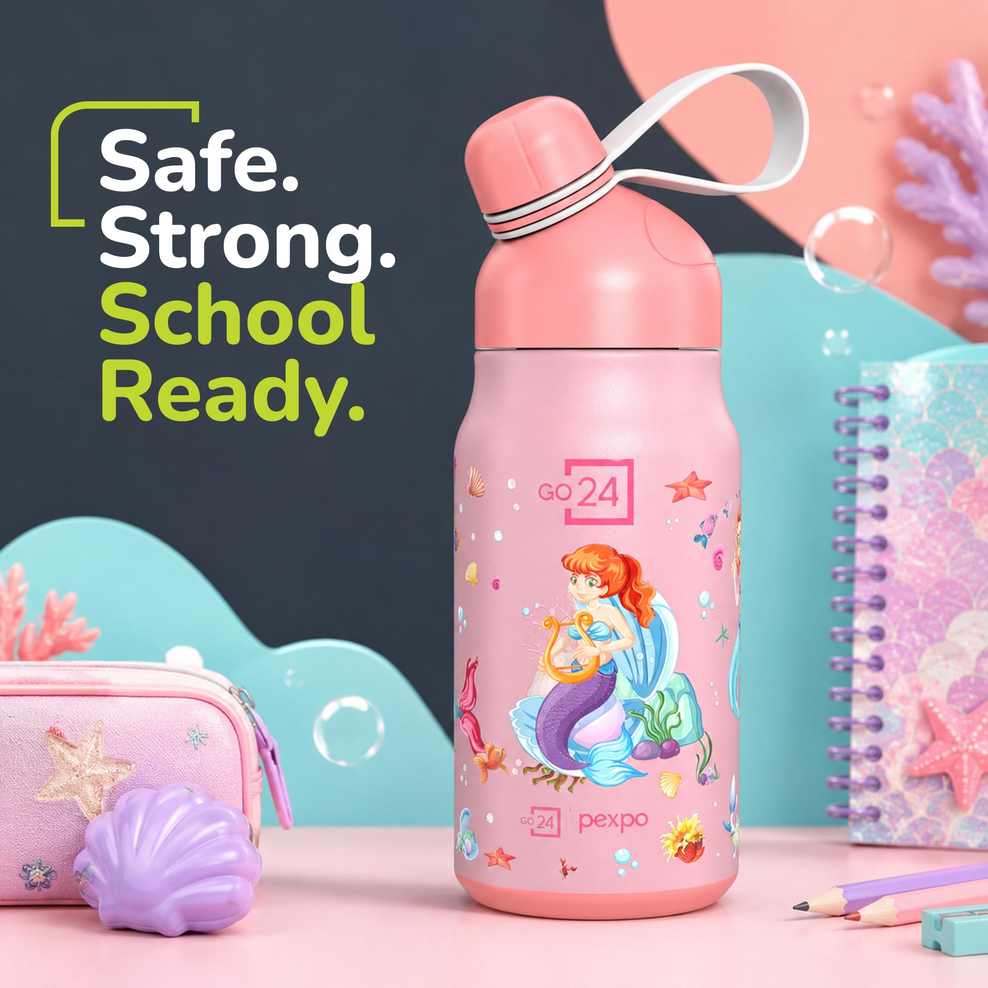 Go24 pexpo Stainless Steel Bottle for Kids Girls Piano Pink - Mermaid