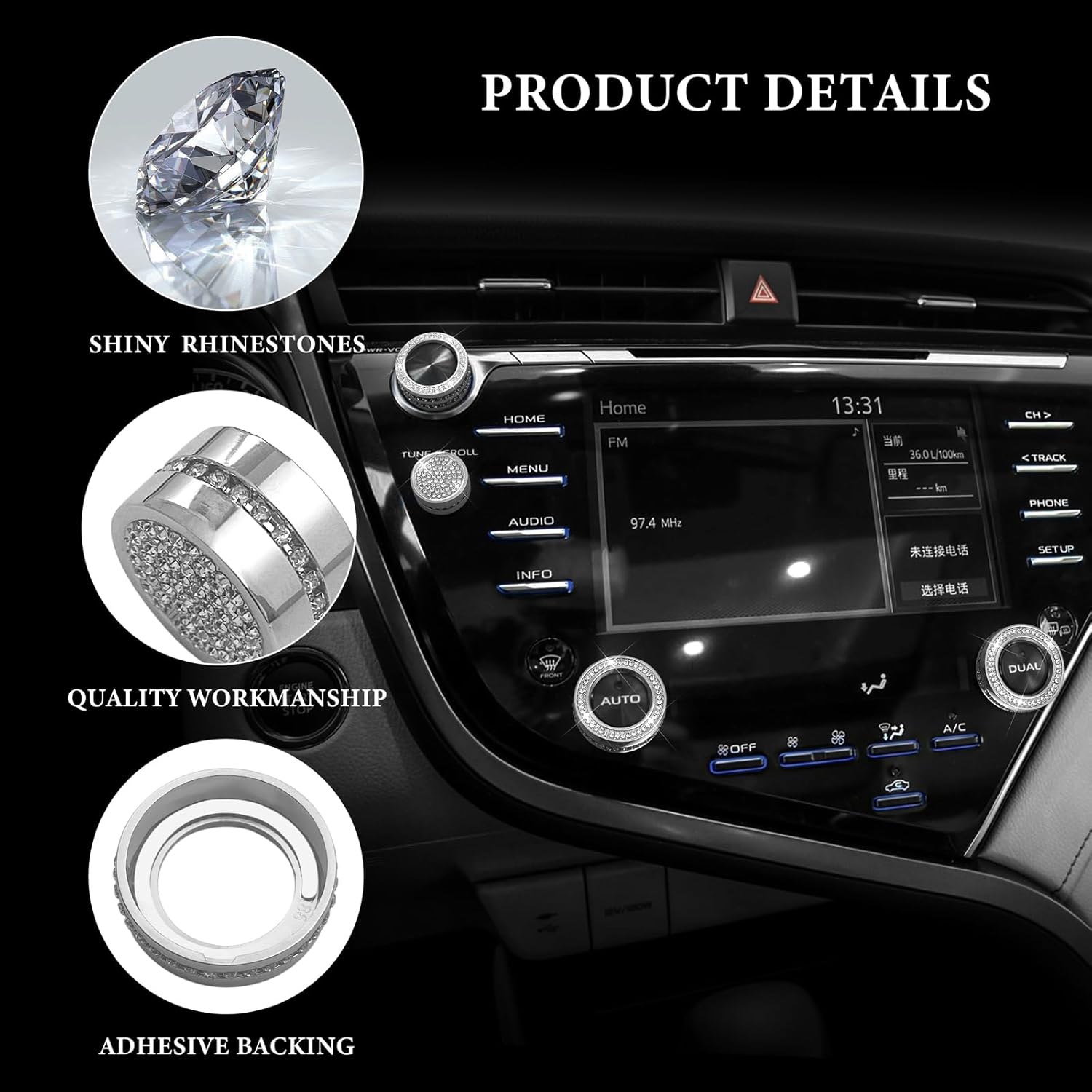 Bling Crystal Shiny Accessory Interior Climate Control Multimedia Screen Knob Button Cover Compatible for Toyota Camry 2018-2023 (Silver 3)