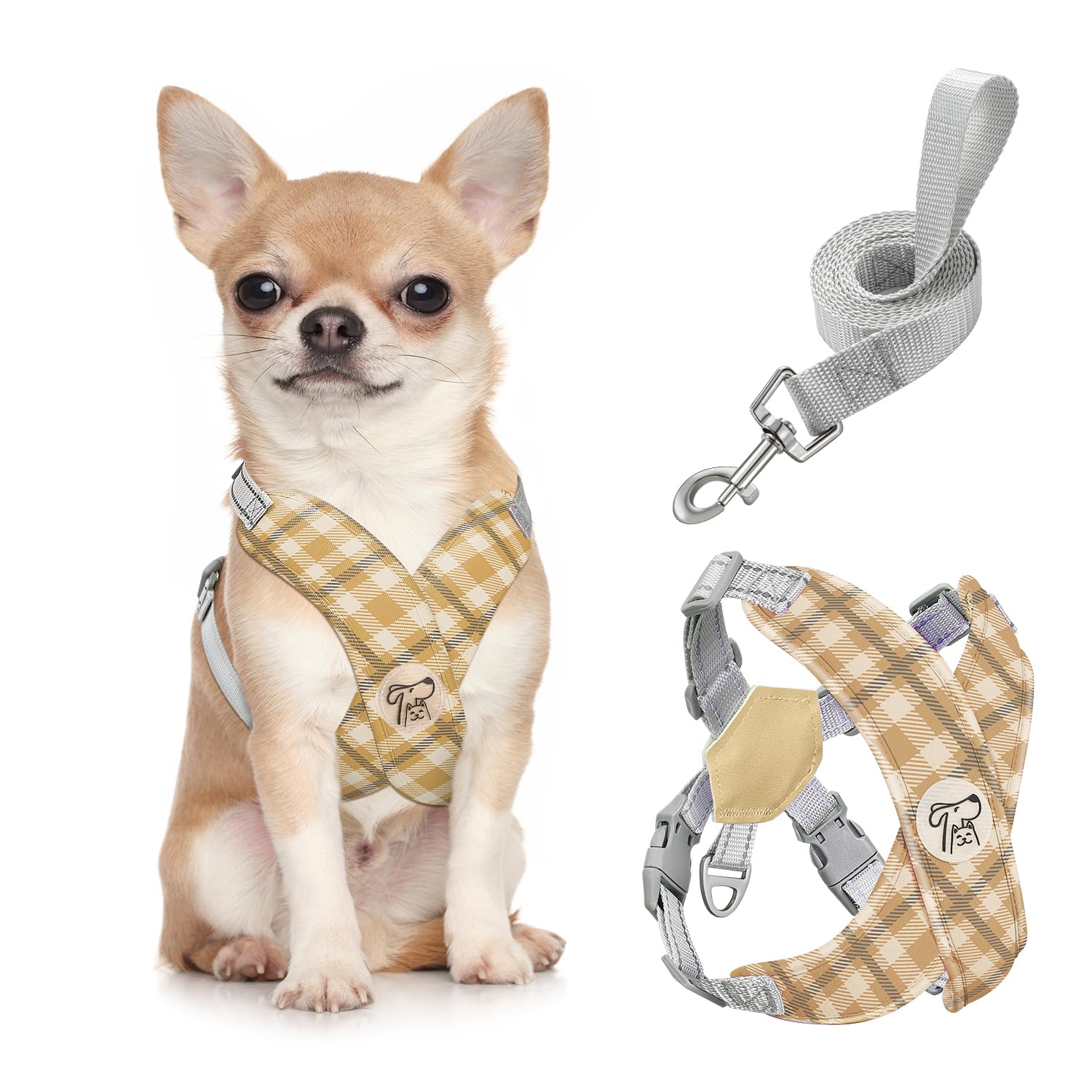 Pawaboo Small Dog Harness and Leash Set, Puppy Harness X-Frame No Pull No Choke, Dog Vest Harness Adjustable for Small Medium Sized Dogs,Soft Breathable Pet Harness for Walking Outing, S, Khaki Plaid