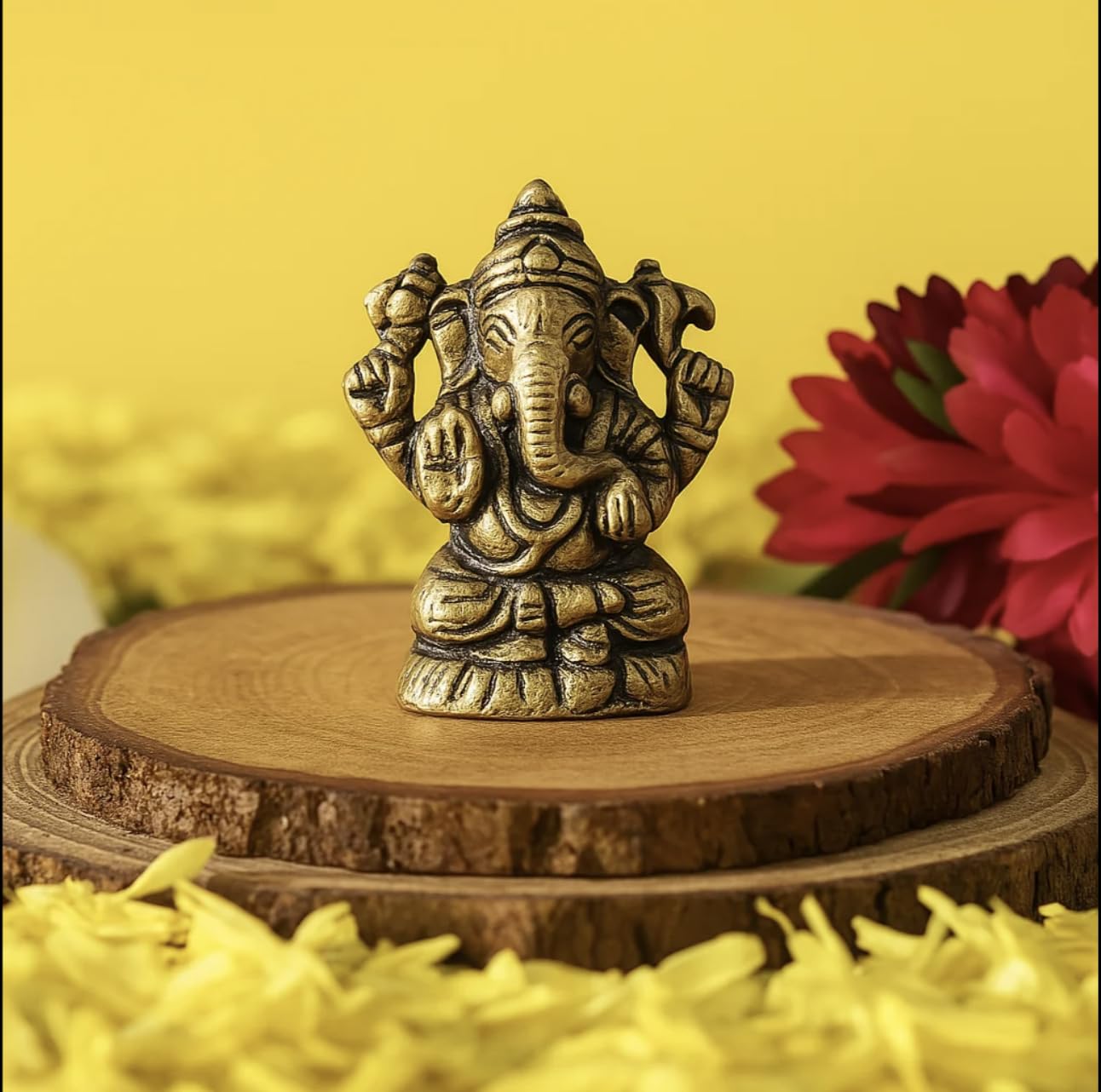 10Club Lord Ganesha Idol - 6.8cm, 1Pc - 100% Pure Brass | Ganesh Unique Design with a Round Base for Desk, Car, and Home Decor | Yellow Antique Finish
