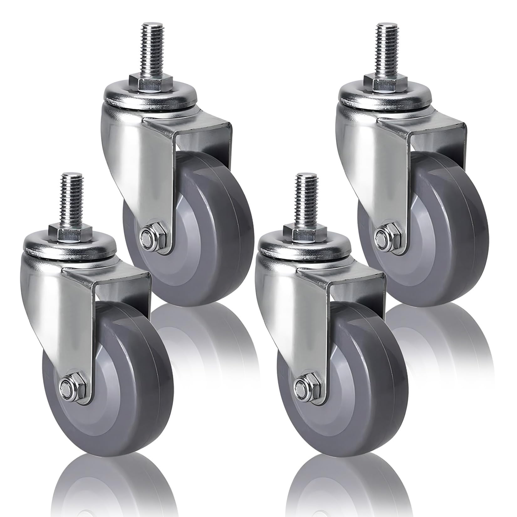 GYRAZXS Heavy Duty Swivel Caster Wheels 75mm (3in) 4 Pack M12 Thread Brake No Marks & Quiet Polyurethane Replacement Furniture Rollers