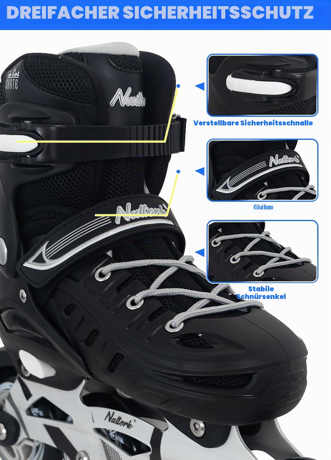 Nattork Inliner für Kinder und Erwachsene, 4 Größen Verstellbare Inline Skates Herren Damen, Rollerblades Outdoor und Indoor Anfänger