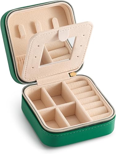 TRODANCE Jewelry Travel Case with Mirror,Small Travel Jewelry Organizer, Portable Jewelry Box Travel Mini Organizer Portable Display Storage Box For Rings Earrings Necklaces (Green)