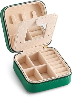شنطة سفر للمجوهرات مع مراية من ترودانس، منظم مجوهرات صغير للسفر، صندوق مجوهرات محمول للسفر، لعرض الخواتم والحلقان والسلاسل (أخضر)