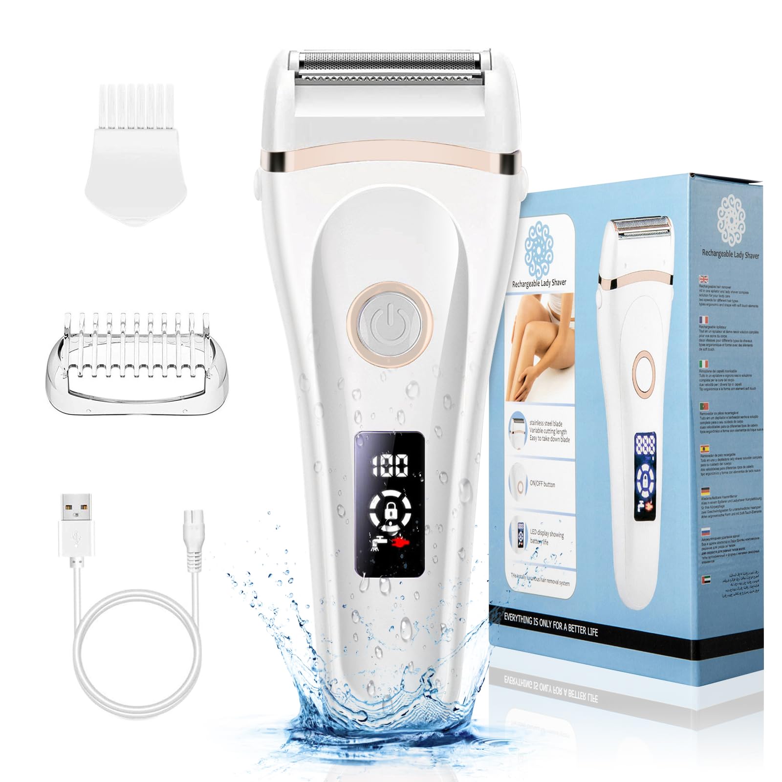 Journeyside Depiladora Mujer, 2 en 1 Depiladora Eléctrica Mujer, Depiladora Inalámbrica Wet & Dry para Todo el Cuerpo, USB Recargable 600mAh,Pantalla LCD, Afeitadora Eléctrica para Mujer, IPX5,Blanco